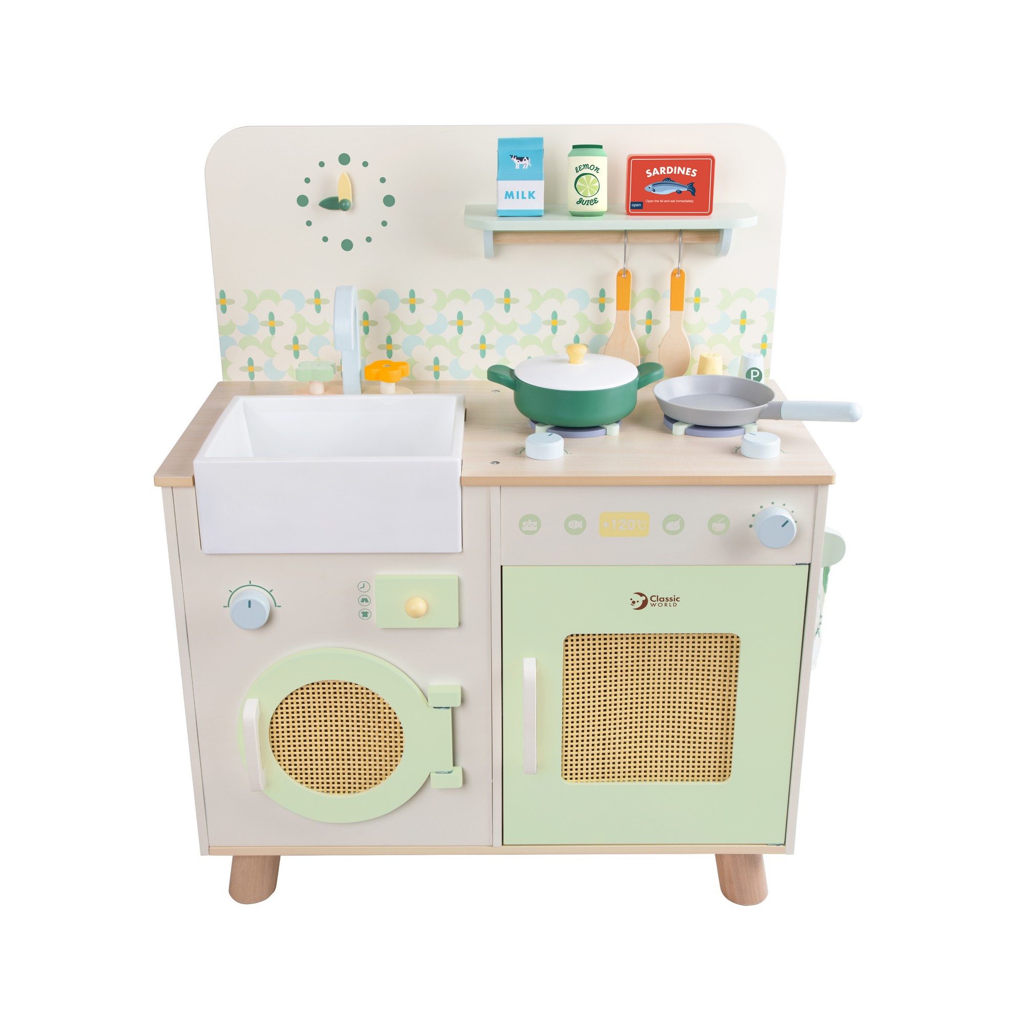 Classic World Spielküche Classic World - Küche Natur - 60x30x74,4cm - ab 3 Jahre MDF, Ahornholz, Schichtholz, Stoff, Draht, Kunststoff, aus Holz
