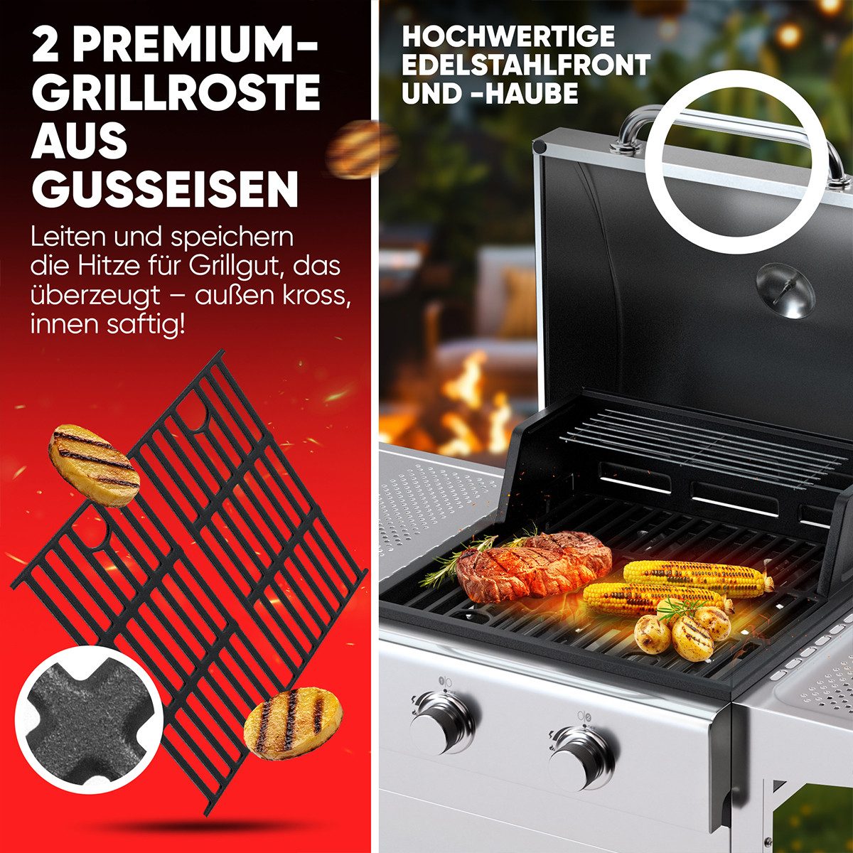 ProfiCook Gasgrill PC-GG 1309, Gasgrill bis zu 350°C, Grillroste aus Gusseisen