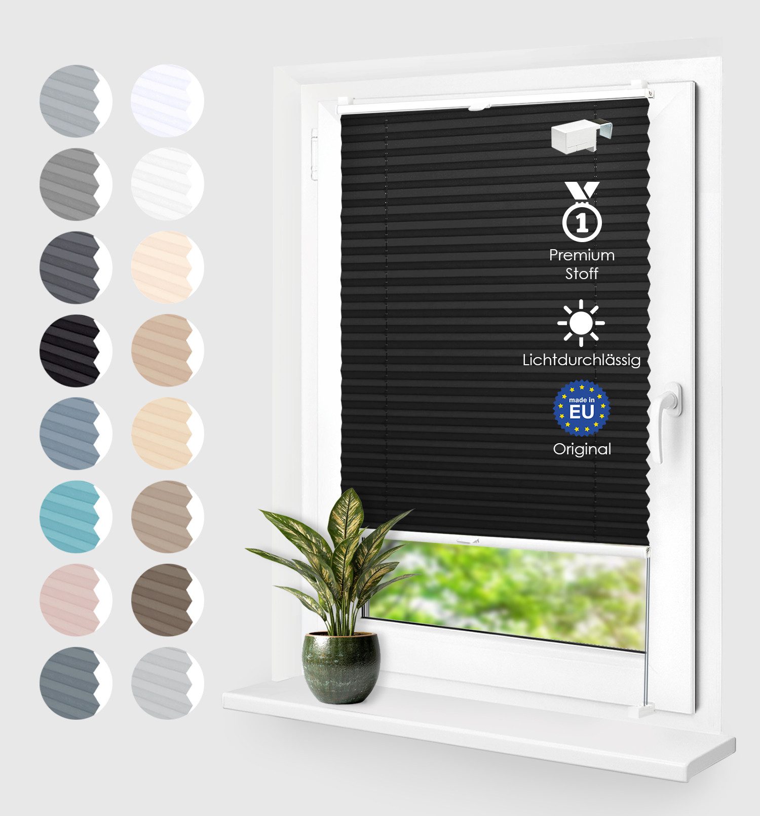 Rikmani Plissee Klemmfix ohne Bohren Schwarz 40x120 cm, blickdicht, Klemmfix, Sichtschutz, Sonnenschutz, einfache Montage, Stufenlos verstellbar