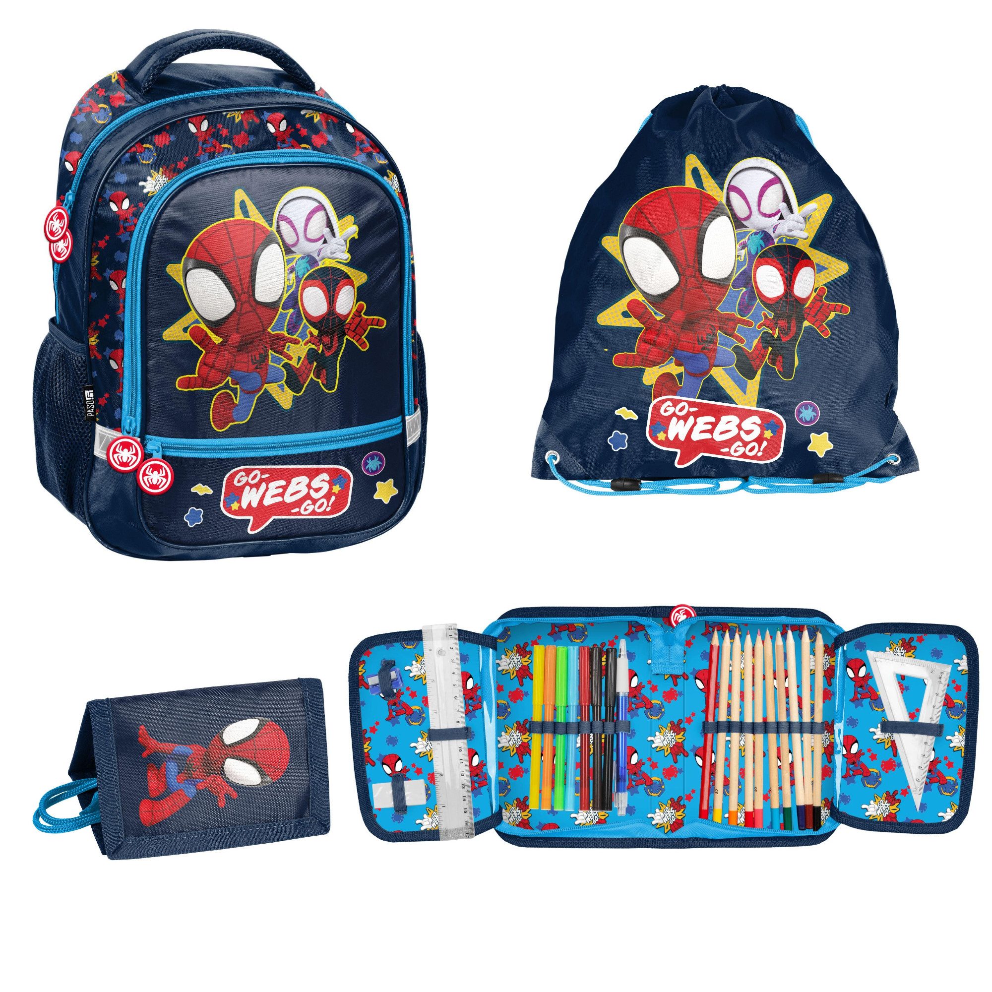 PASO Schulranzen Schulset (4-teilig: Rucksack, Turnbeutel, befüllte Federmappe und Portemonnaie, Spidey)