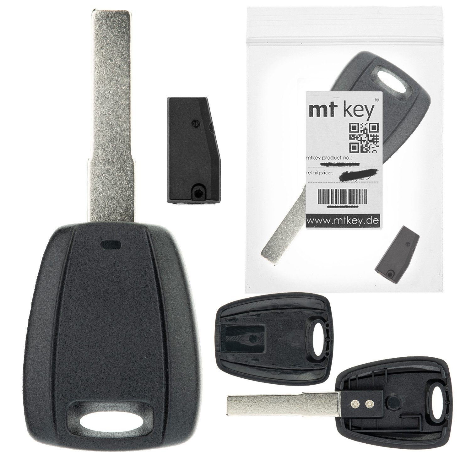 mt-key Schlüsseltasche Auto Zünd Schlüssel Schwarz SIP22 + ID46 Transponder (Set), für Fiat 500 (07-24); 500L (12-20); Fiorino III Typ 225 (AB 07); G...