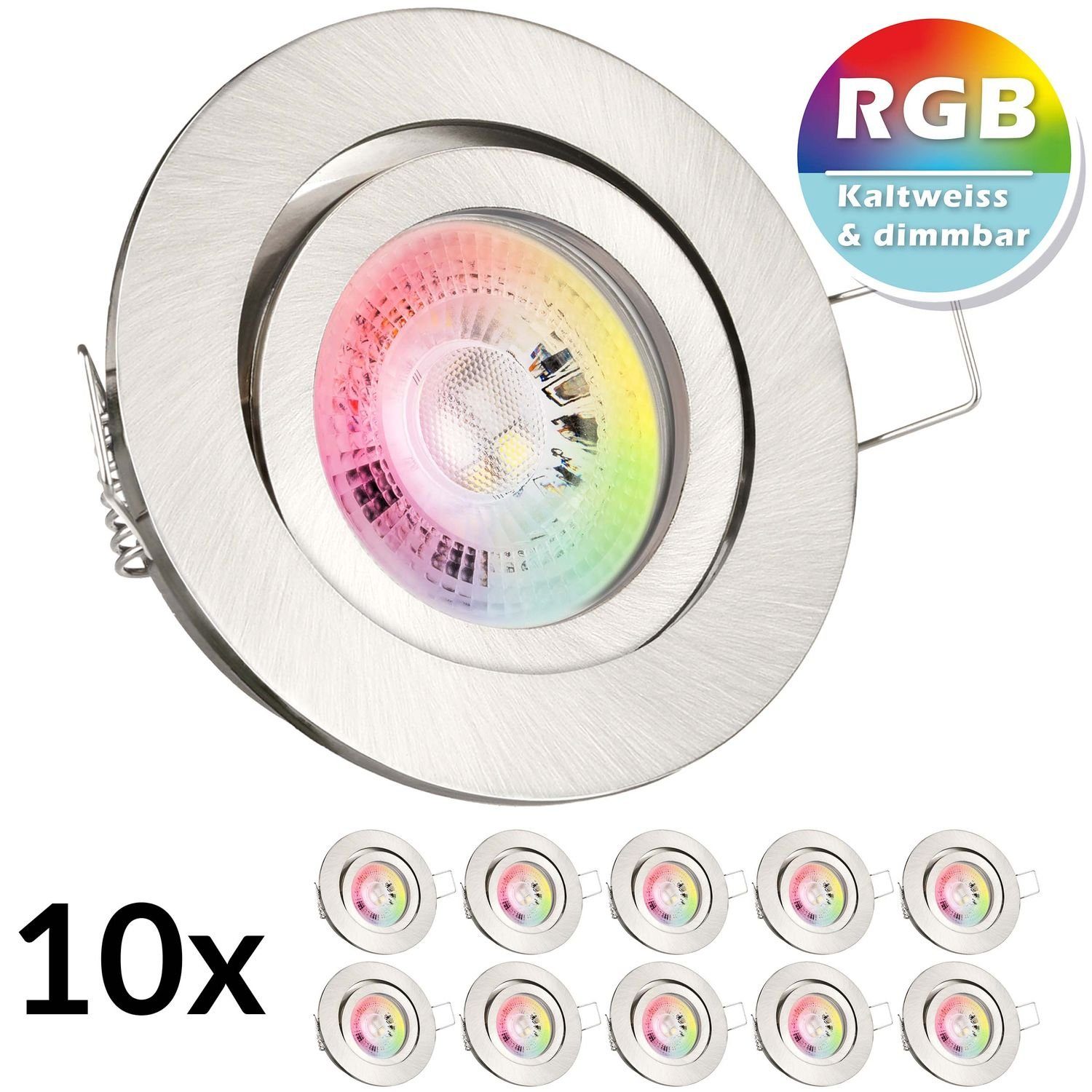 10er m silber / GU10 gebürstet RGB LED Einbaustrahler Set LEDANDO LED in Einbaustrahler edelstahl