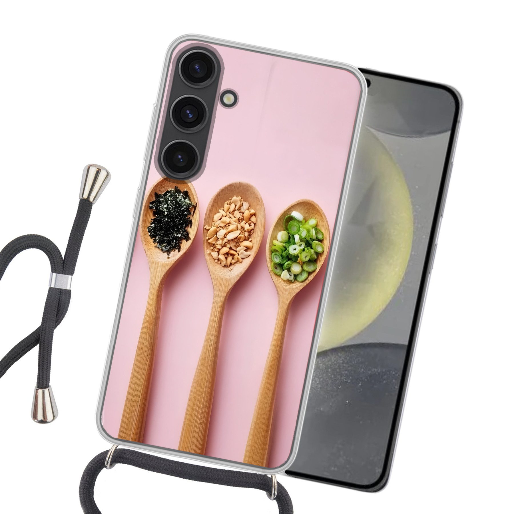 MuchoWow Handyhülle für Samsung Galaxy S24 Plus Zutaten - Löffel - Holz - Rosa, Tragbare Handyhüllen mit Kette zum umhängen, Handykette Handyband