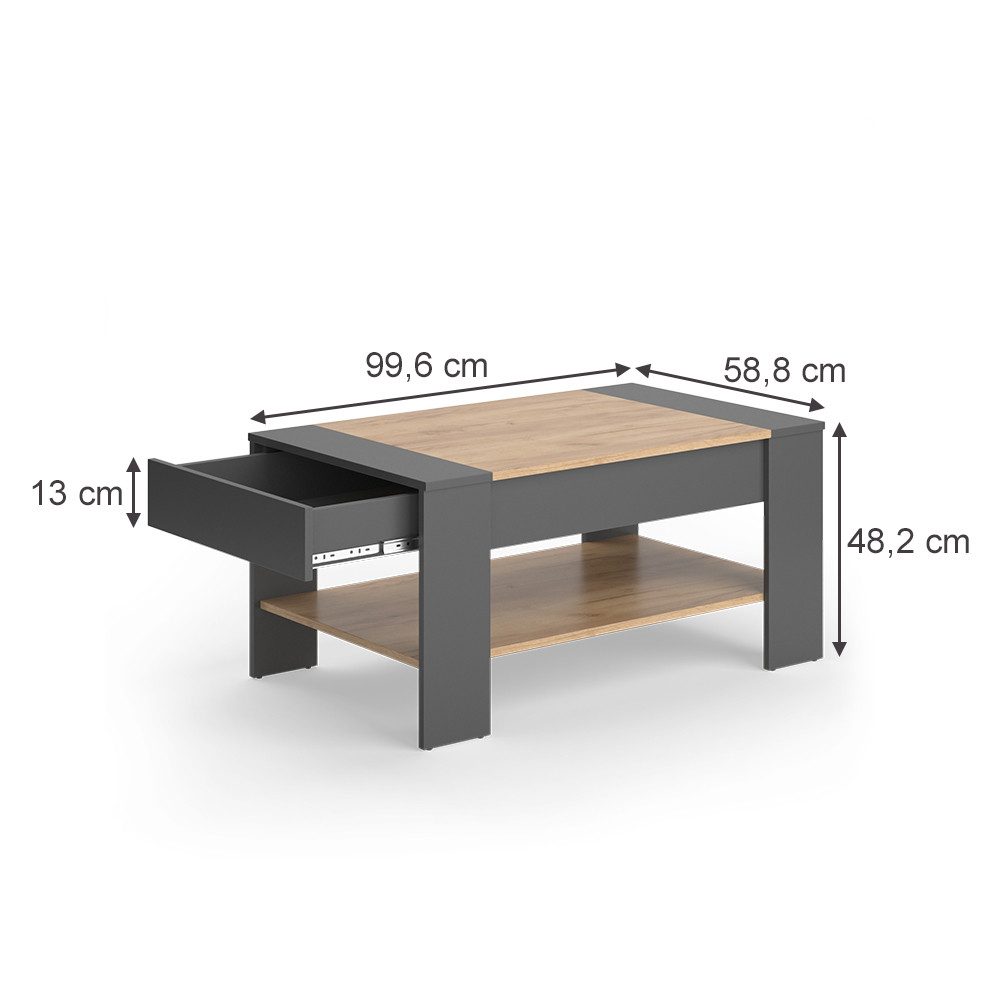 Vicco Couchtisch August, Goldkraft Eiche/Anthrazit, 99.6 x 58.8 cm mit Schu günstig online kaufen