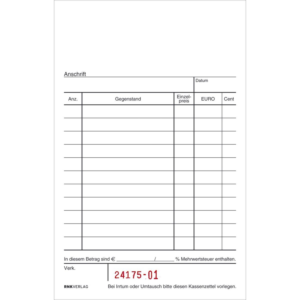 RNK Verlag Formularblock Kassenblock - oben geheftet 2 x 50 Blatt (BxH): 96 x 167 mm mit Nummer
