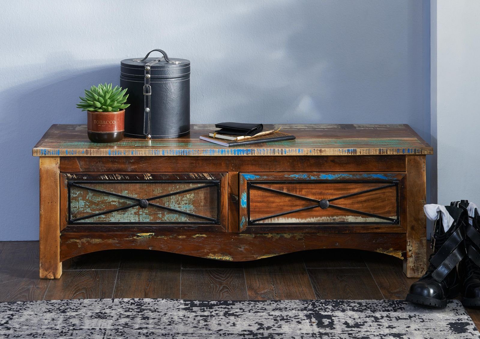 Massivmoebel24 Schuhbank NATURE OF SPIRIT (Altholz 120x45x40 mehrfarbig lackiert NATURE OF SPIRIT #110), Altholz 120x45x40 mehrfarbig lackiert NATURE OF SPIRIT #110