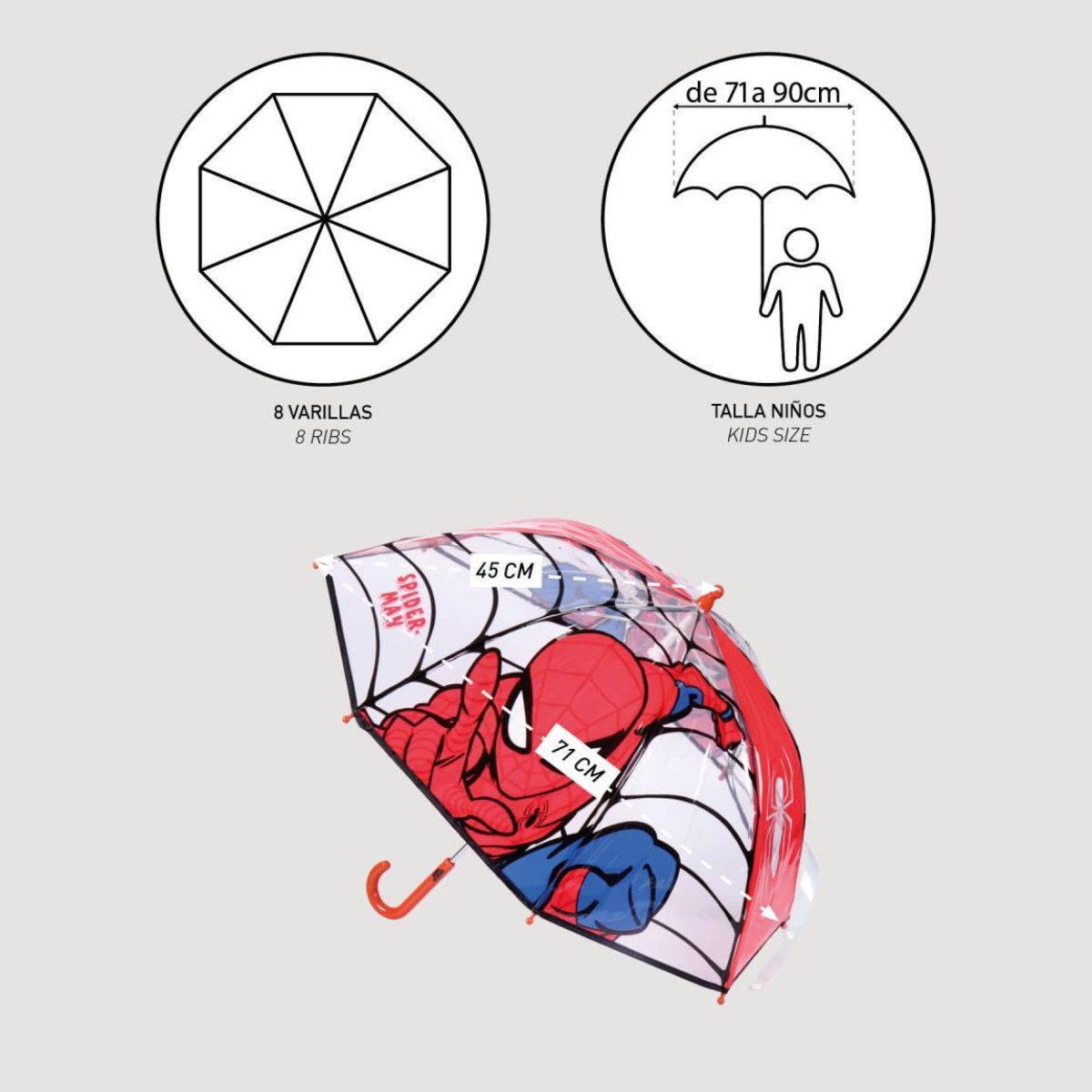 Cerda Langregenschirm Spiderman Regenschirm ⌀ 71 cm Leichter Kuppel-Schirm, Durchsichtige Kuppel