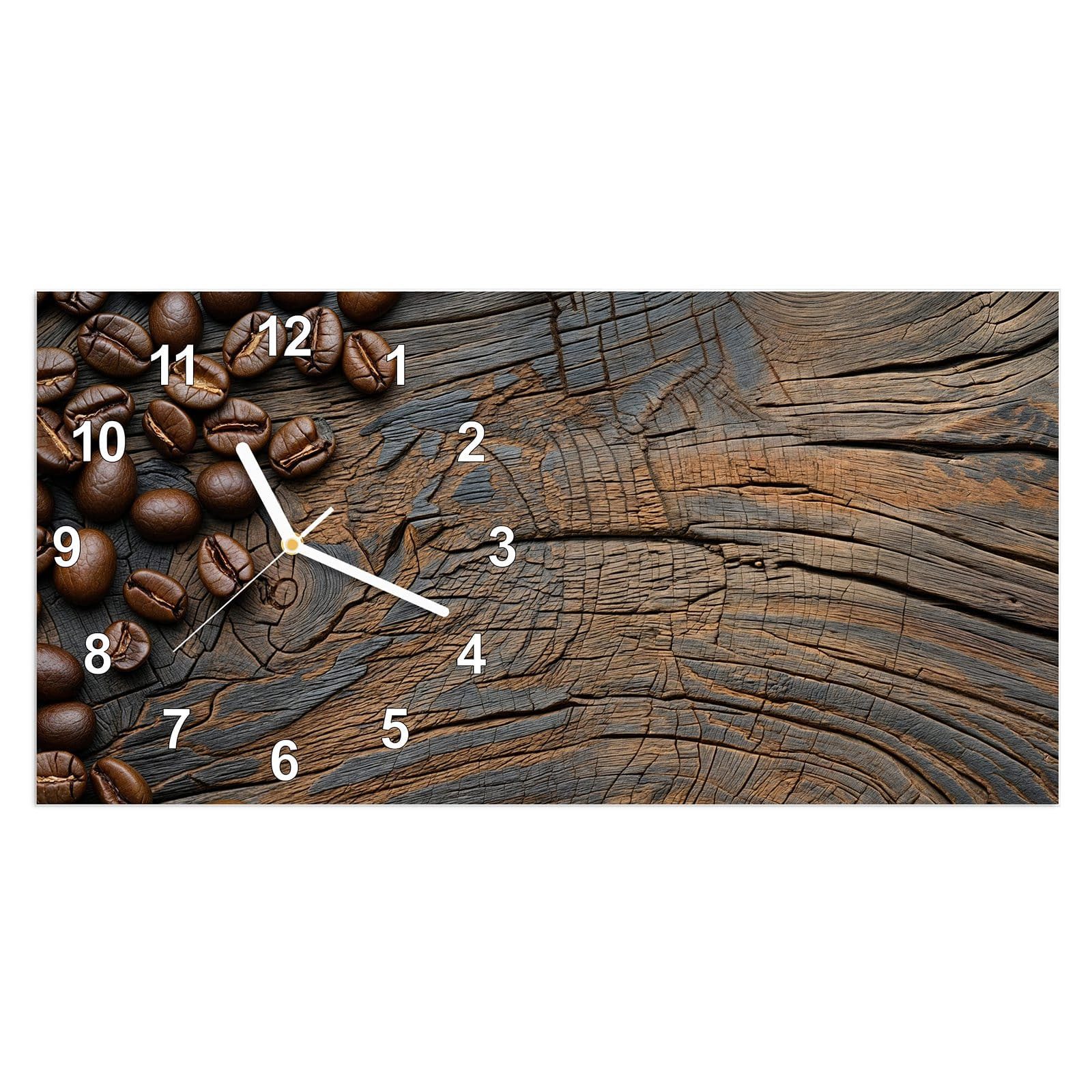 Wanduhr Glasuhr Wandkunst Größe 60 x 30 cm mit Motiv Kaffeebohnenholz