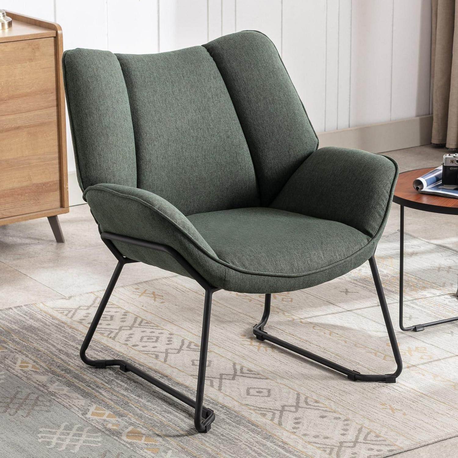 LuxusKollektion Loungesessel Sessel Ohrensessel gepolstert Metallbeine Leinen Wohnzimmer Grün