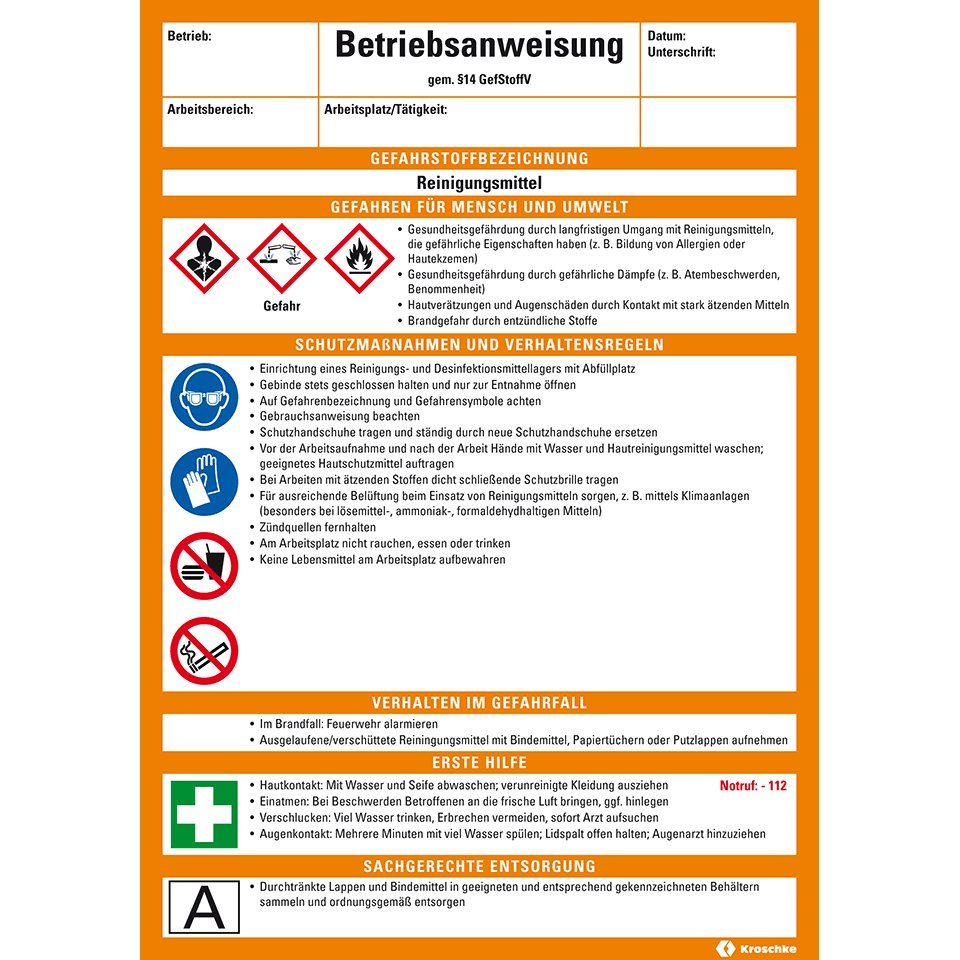 König Werbeanlagen Hinweisschild Betriebsanweisung Reinigungsmittel, CLP/GHS, Kunststoff, 210x297mm