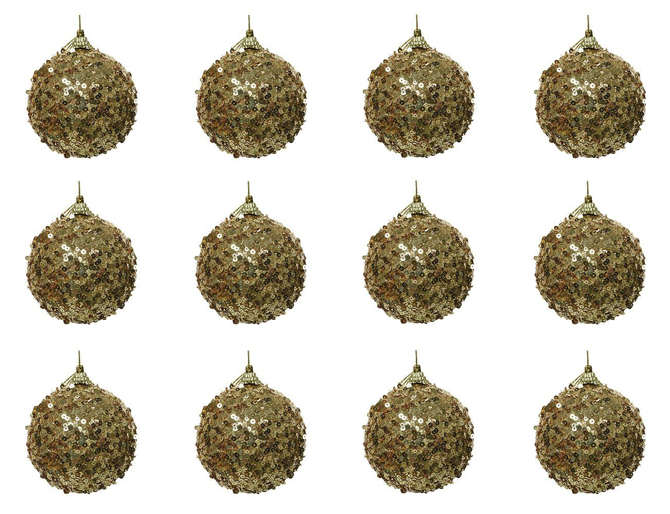 Decoris season decorations Weihnachtsbaumkugel, Weihnachtskugeln Kunststoff uni mit Pailletten 8cm hellgold, 12er Set