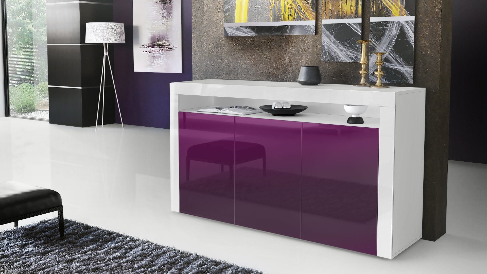 Vladon Sideboard Valencia (Schrank, mit 3 Türen und 1 offenem Fach), Weiß / Brombeer Hochglanz/ (155 x 92 x 40 cm)