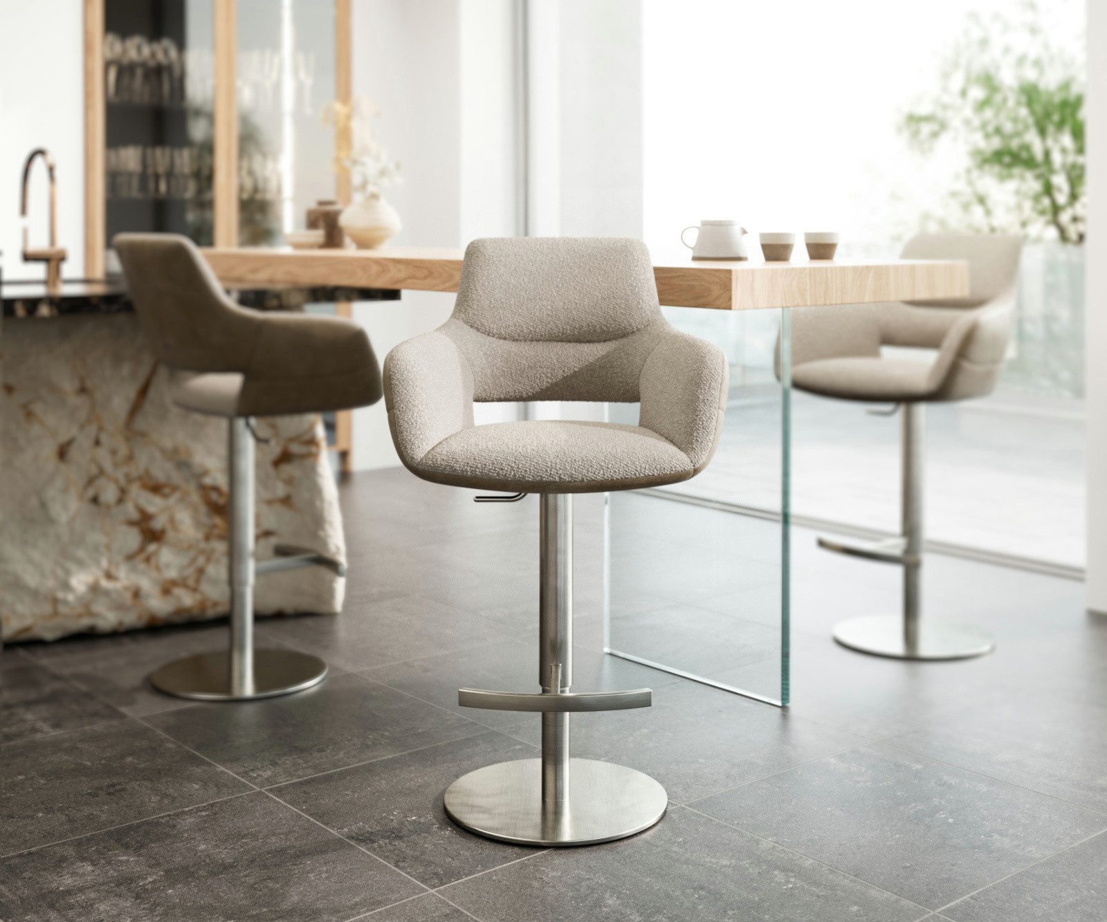 DELIFE Barhocker Yago-Flex, Drehfußhöhenverstellbar Edelstahl Materialmix Mikrofaser Schlamm / Bou