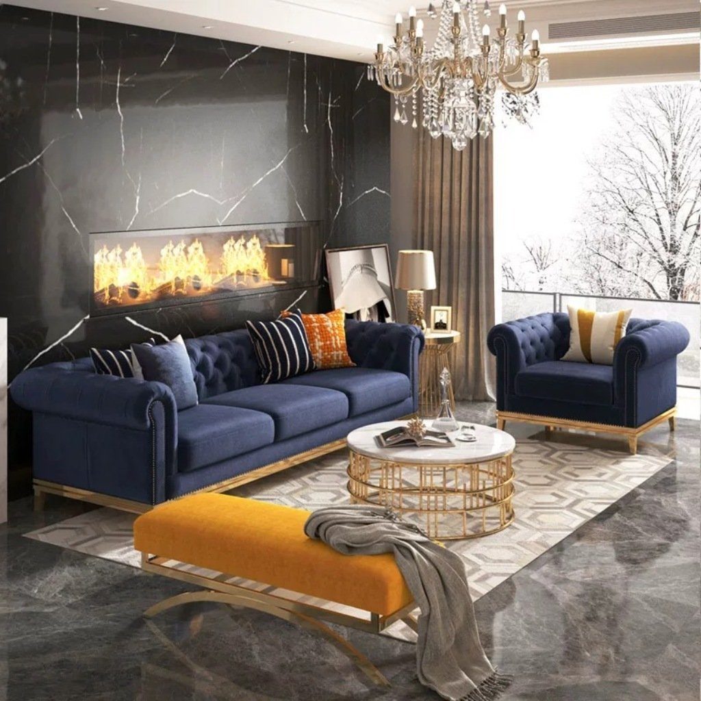 Design JVmoebel Chesterfield Garnitur 3+2+2 Wohnzimmer-Set, Polster Leder Sofas Blau Sofa Möbel