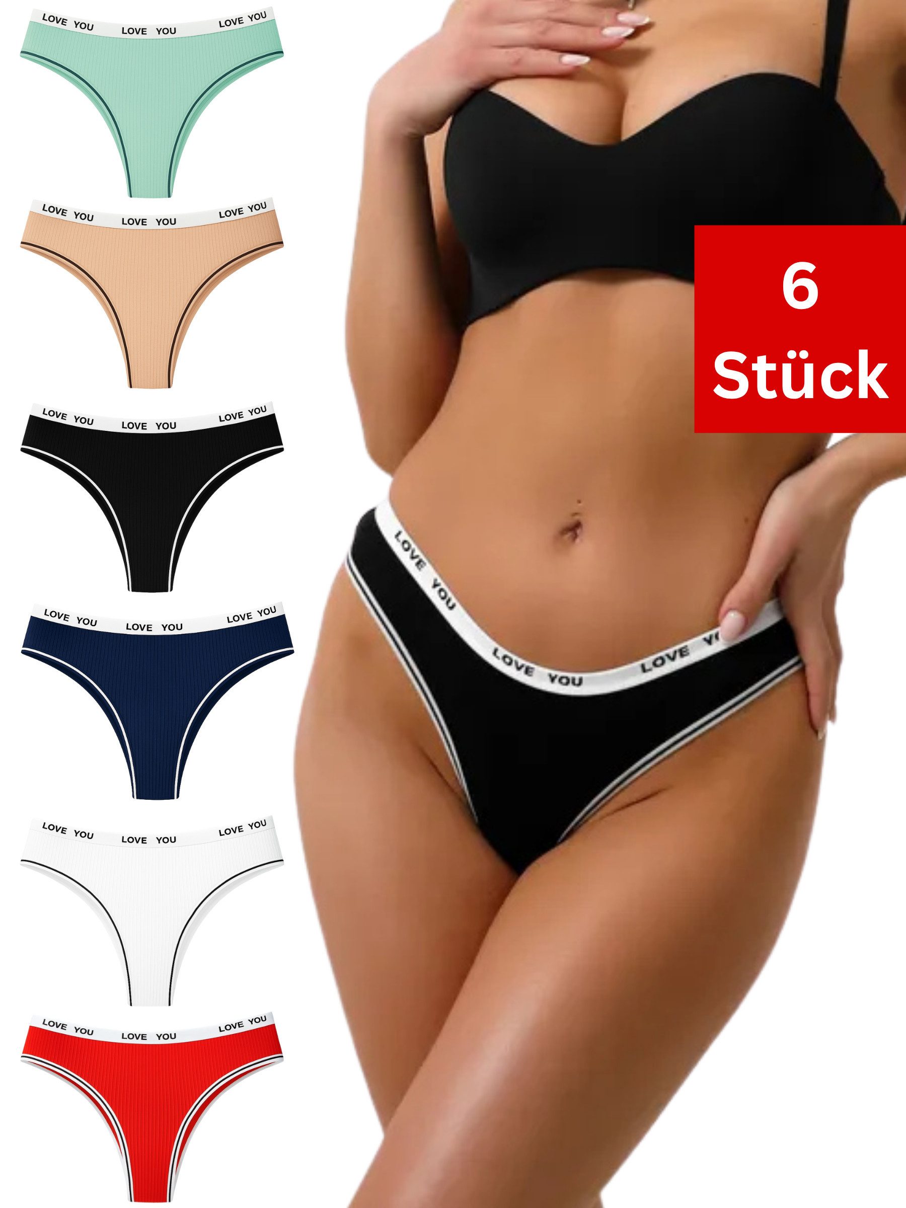 Elegant Love Tangaslip Bequeme Dessous mit niedriger Taille, Brasilien Slip (Set, 6-St., 6er-Pack Baumwoll-Panties) V-Strings, Höschen Lingerie für Damen, Unterwäsche, Unterhosen