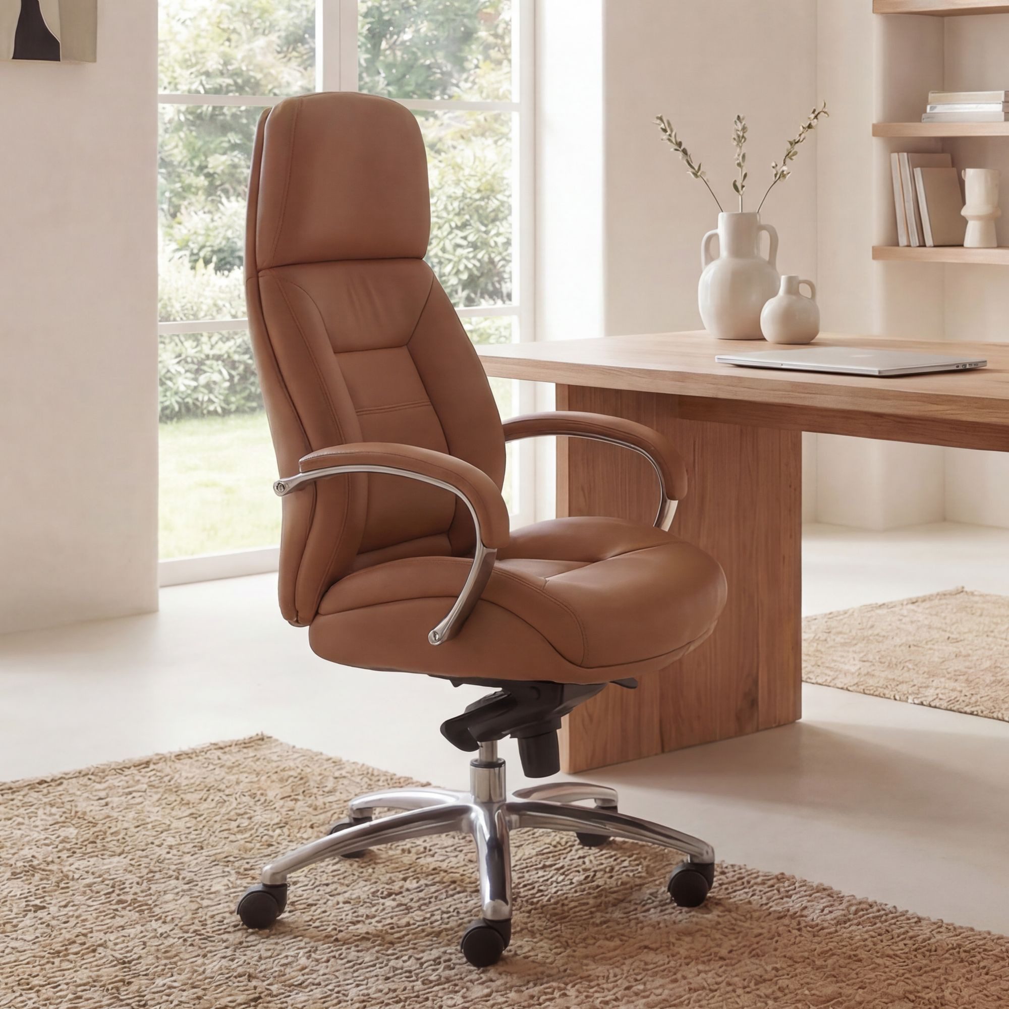 FINEBUY Chefsessel Bürostuhl Echtleder Ergonomisch XXL Drehstuhl 120 kg Stuhl (Echtleder Caramel, Chefsessel bis 120 kg), Bürostuhl höhenverstellbar, Drehstuhl Wippfunktion