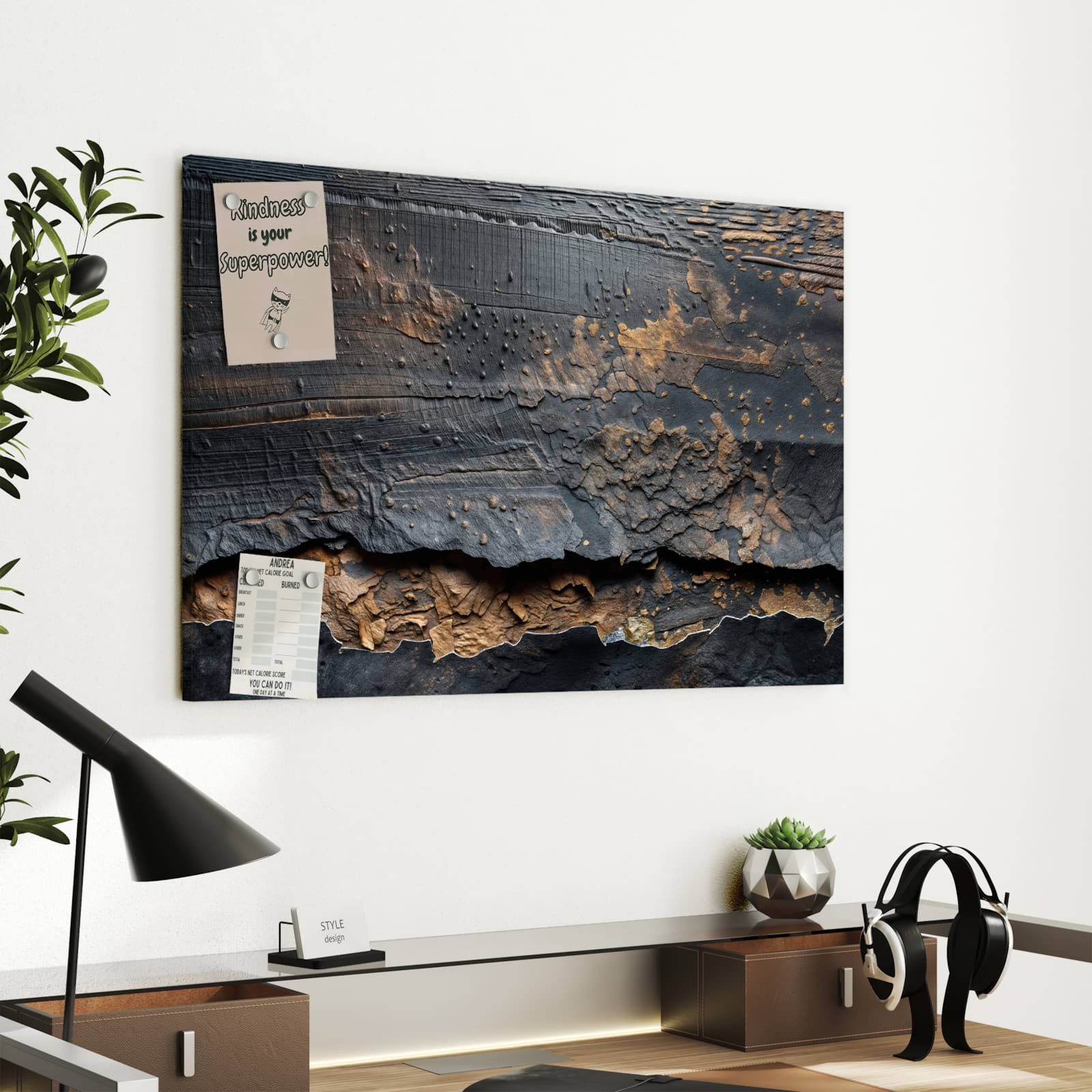 Primedeco Magnettafel Verkohltes Holz – Magnetwand & Memoboard aus Metall, (Komplett-Set, 1-tlg., Inklusive 4 Magnete und 2 Boardmarker (weiß & schwarz), magnet – Bild 4 von 5
