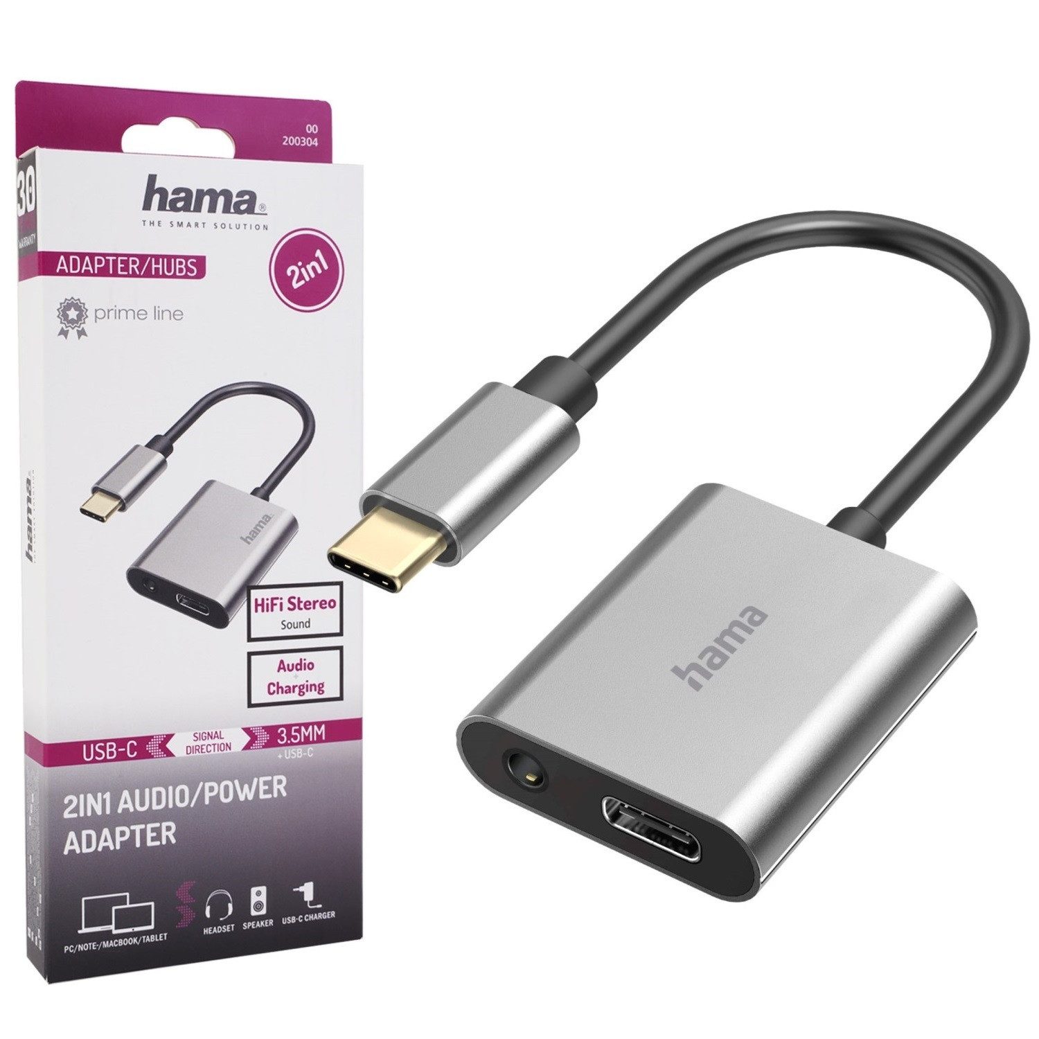 Hama 2in1 Audio-Adapter USB-C auf 3,5mm Klinke USB-Adapter USB-C zu 3,5-mm-Klinke, USB-C, AUX + Ladebuchse Strom für Handy Smartphone Tablet PC Notebook