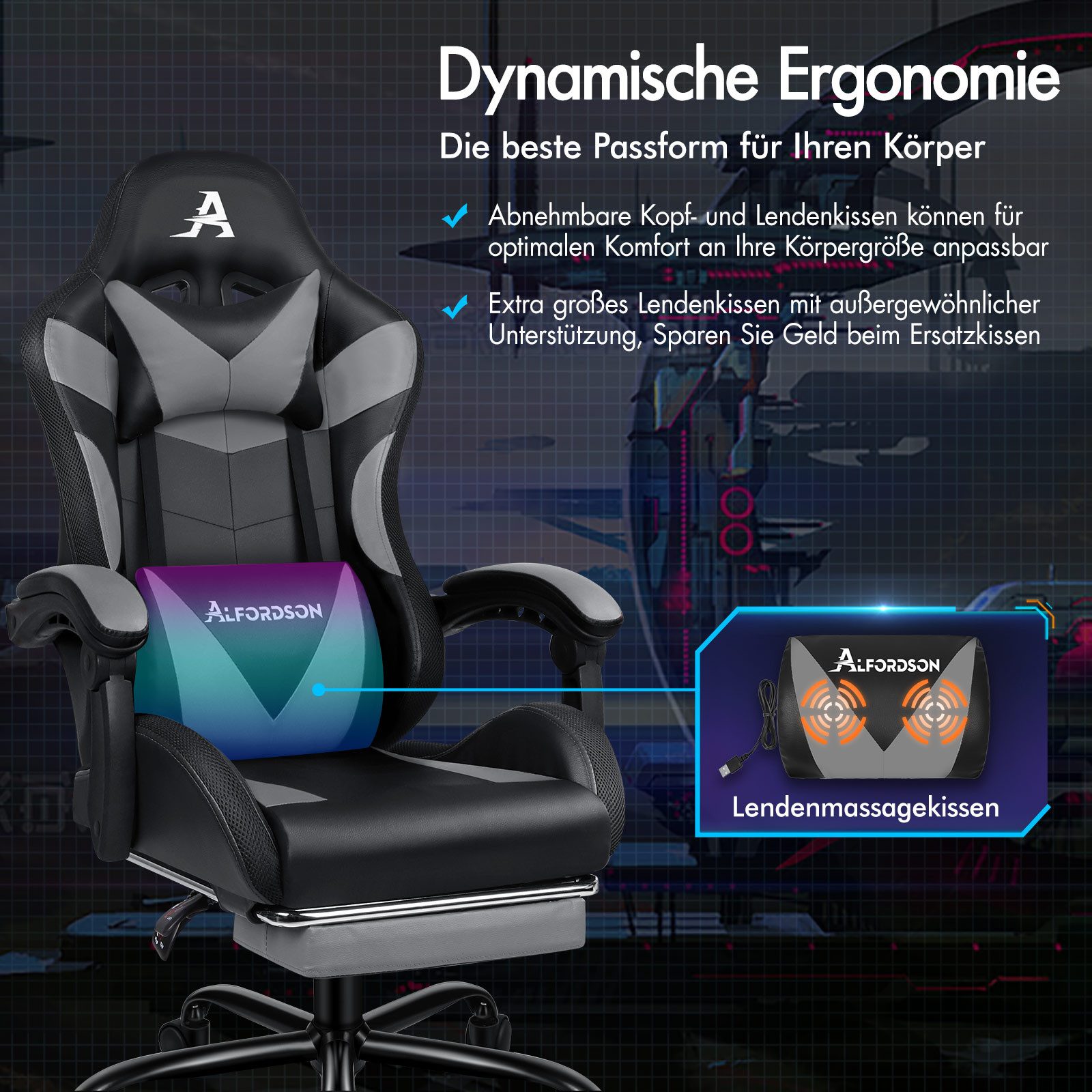 ALFORDSON Gaming-Stuhl Massagestuhl mit LED, ergonomischer Schreibtischstuhl mit 150° Neigung, Einziehbarer Fußstütze, PU-Leder, Höhenverstellbar, 180 kg Tragkraft