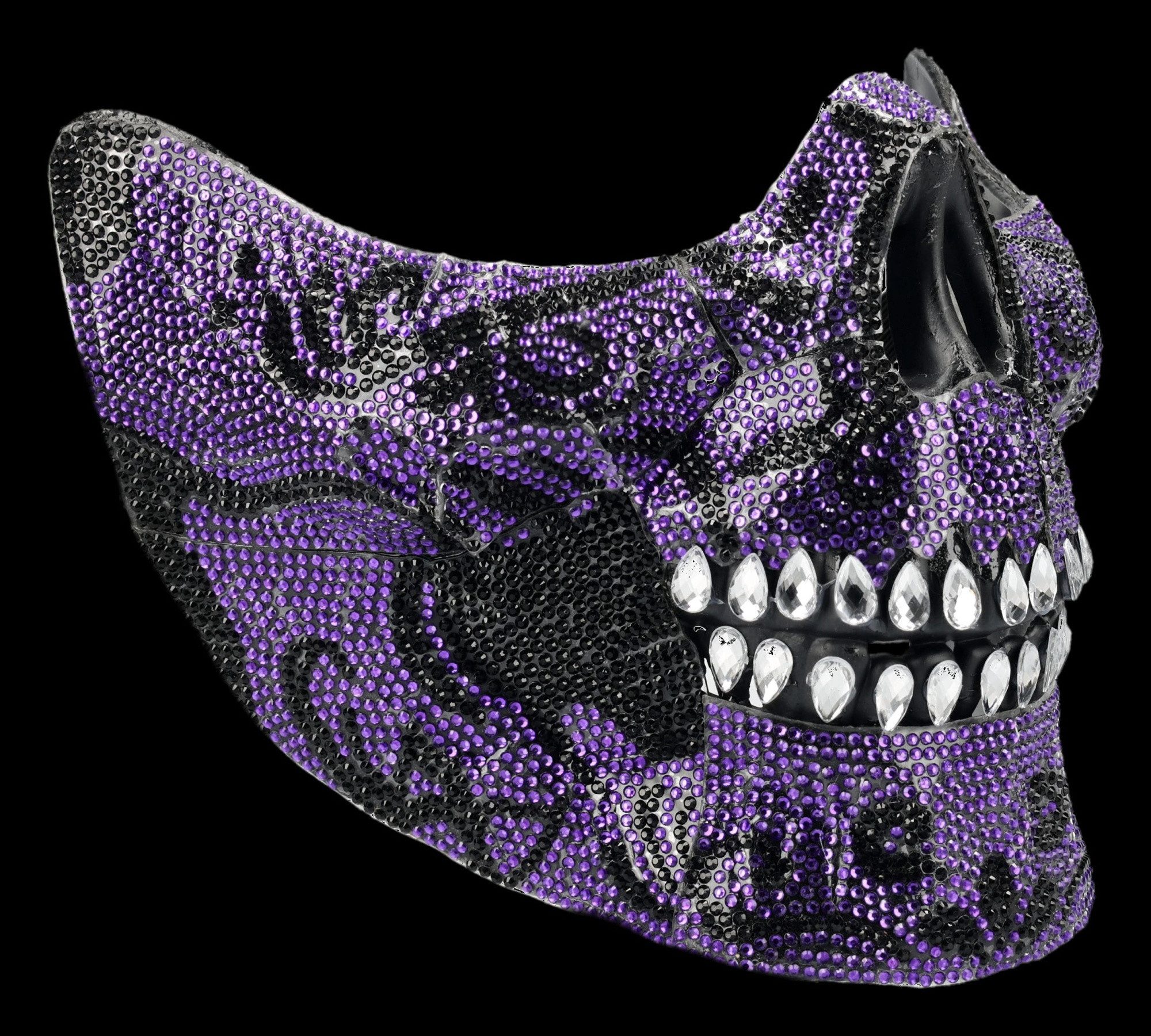 Figuren Shop GmbH Verkleidungsmaske Totenkopf Maske – Cosplay Halbmaske Gothic Horror Deko Lila 13 cm, mit Schmucksteinen verziert