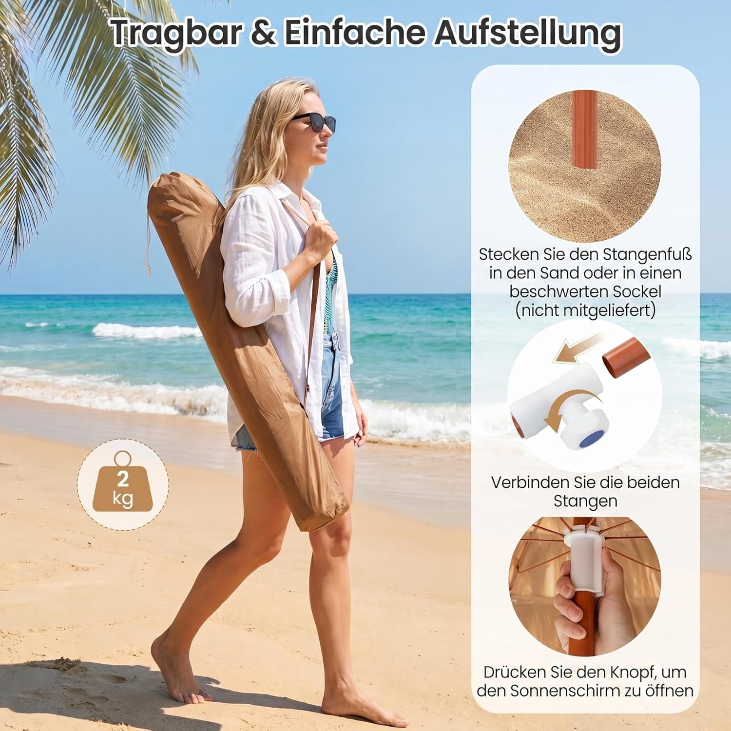 KOMFOTTEU Sonnenschirm Hawaii Strandschirm, mit Neigungsfunktion & verstellbarer Höhe – Bild 5 von 5