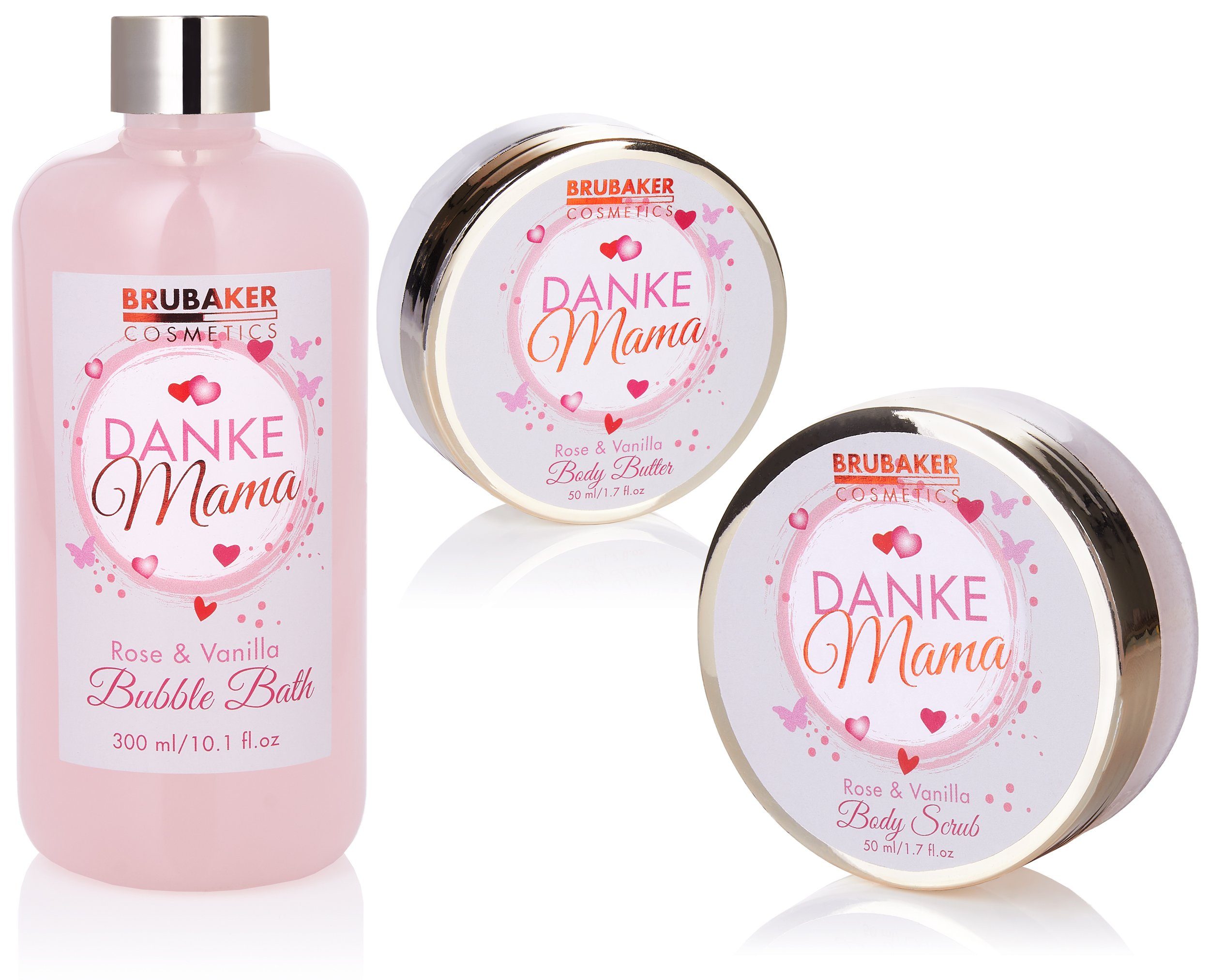 BRUBAKER Pflege-Geschenkset Badeset Danke Mama, Geschenk Set für Muttertag und Geburtstag, 7-tlg., Muttertagsgeschenk in Korb, Mutter Pflegeset mit Rosen Vanille Duft