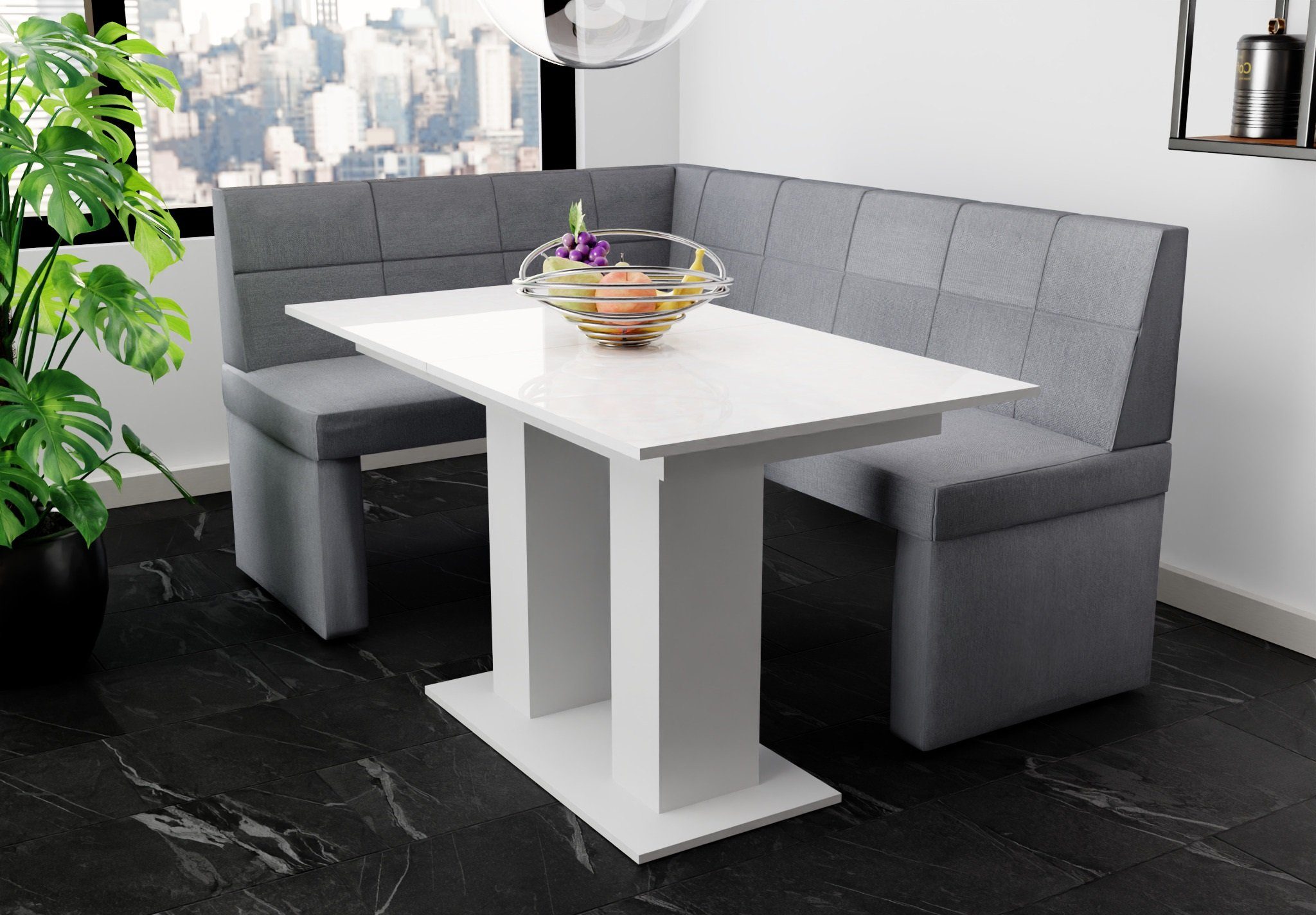 Fun Möbel Eckbankgruppe Eckbankgruppe „BLAKE XL“ Größe 196x142cm mit Tisch Weiß Hochglanz, ausziehbarer Tisch