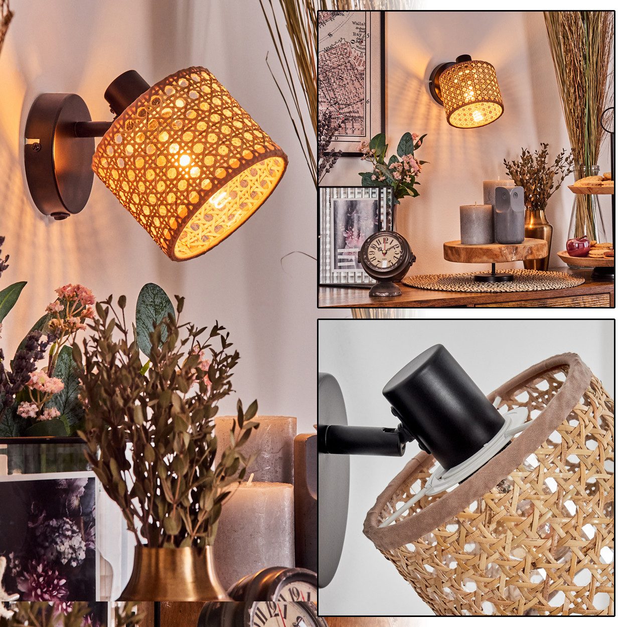hofstein Wandleuchte verstellbare Wandlampe aus Metall/Rattan in Schwarz/Na günstig online kaufen