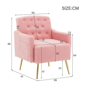 HAUSS SPLOE Sessel Teddy-Samt-Sessel mit Seitentaschen, goldener Metallbeinstuhl, Rosa (Wohnzimmerstuhl, bequemer Sessel, geeignet zum Lesen oder Entspannen, Wohnzimmerstuhl, bequemer Sessel), mit Reißverschluss-Design