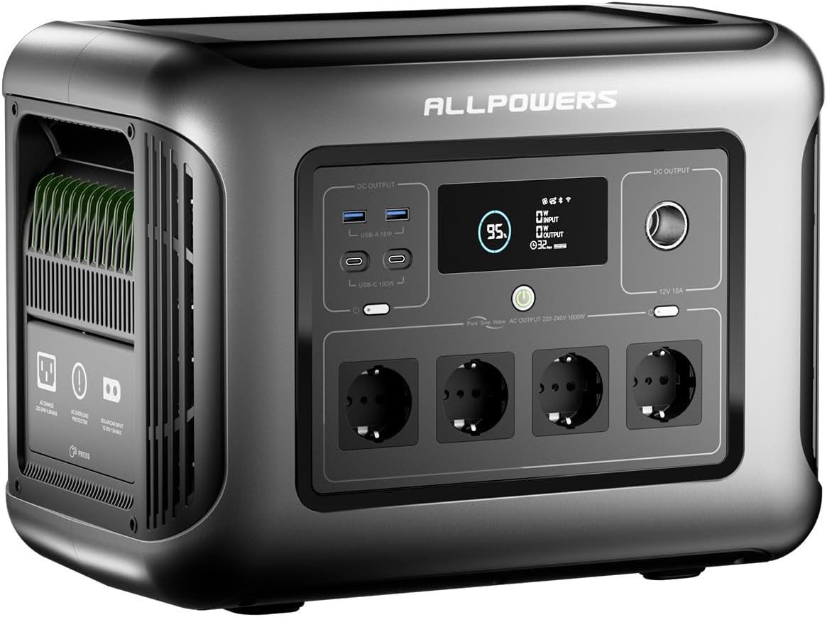 ALLPOWERS Stromerzeuger Tragbare Powerstation, 1600W/1056Wh LiFePO4 Akku Solargenerator, 1,6 in kW, für Outdoor Aktivitäten wie Camping, Reisen Notstromversorgung
