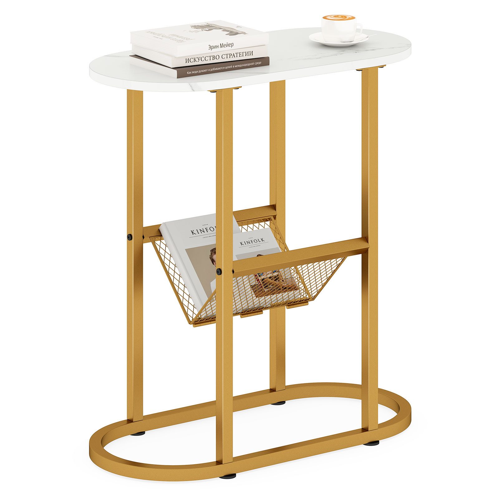 COSTWAY Beistelltisch, oval 2-stufig mit Zeitschriftenschlinge Nachttisch schmal