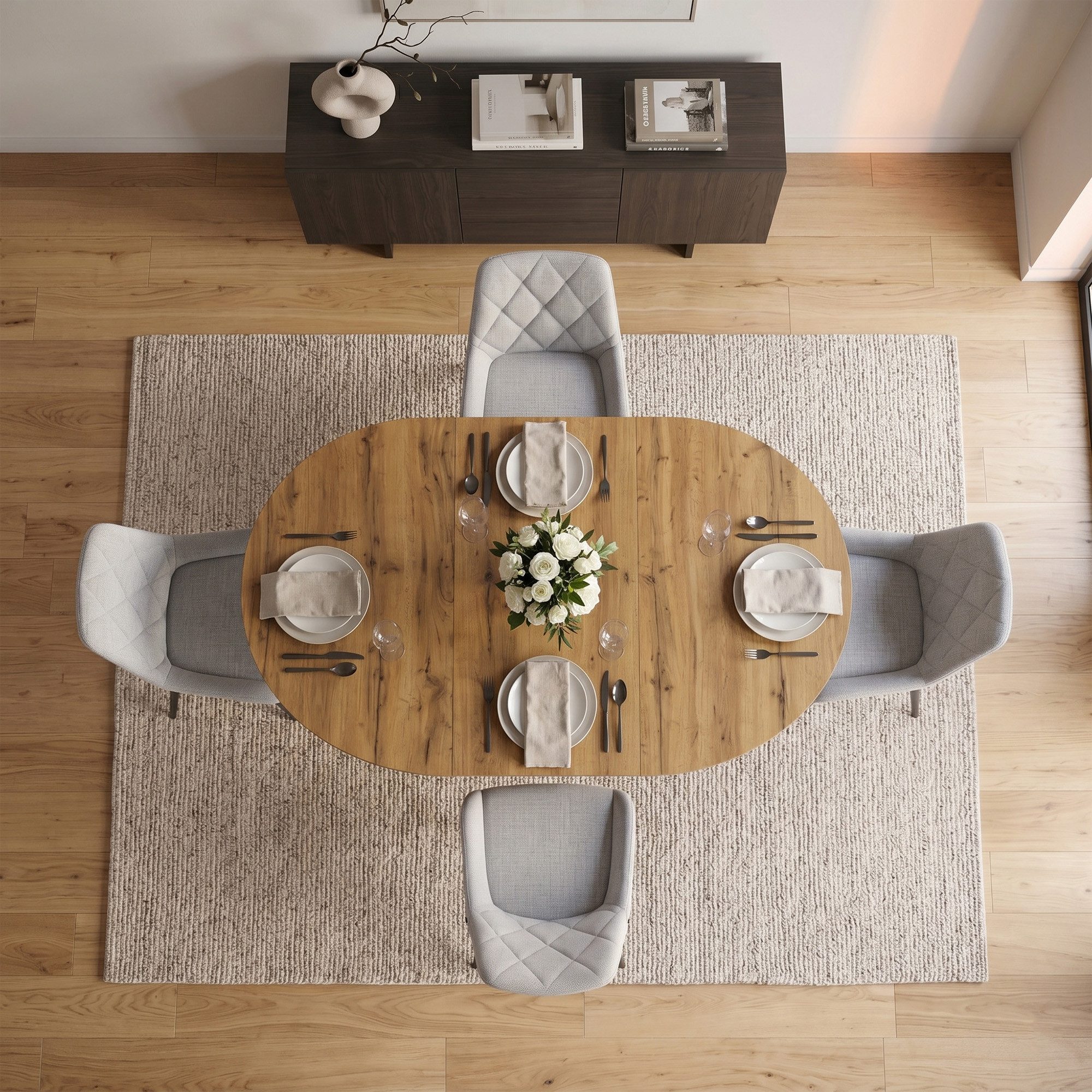 B&D home Essgruppe Essgruppe Wim & Tania, (Set, 5-tlg., 1 Tisch / 4 Stühle), Runder Esstisch ausziehbar bis 140cm, Stühle in Webstoff