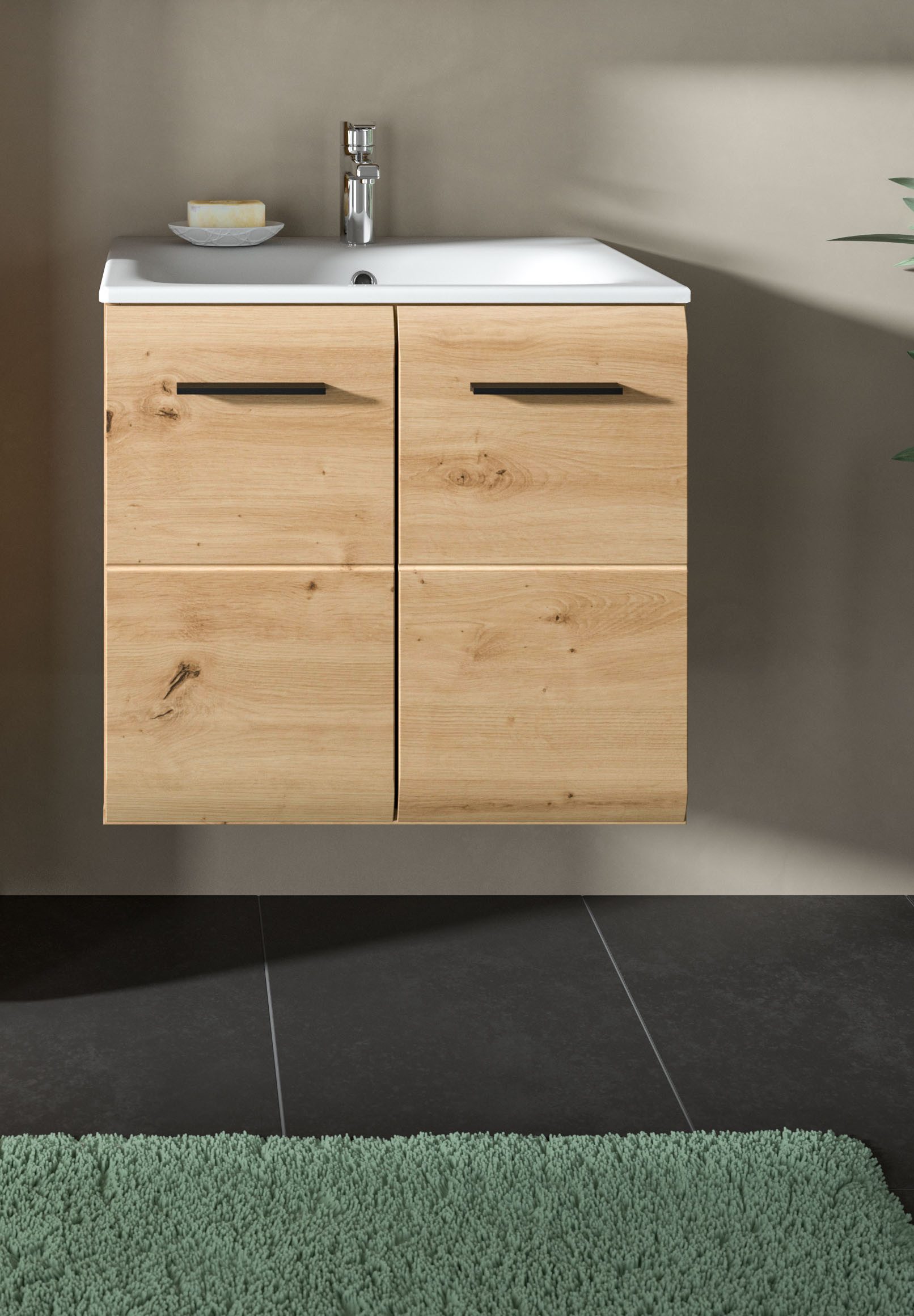 welltime Waschbeckenunterschrank FLORENZ, Breite 60 cm, inkl. Waschbecken, hängende Montage (2-St., TOPSELLER) hochwertige MDF Front, Griff schwarz, Badschrank, – Bild 2 von 5