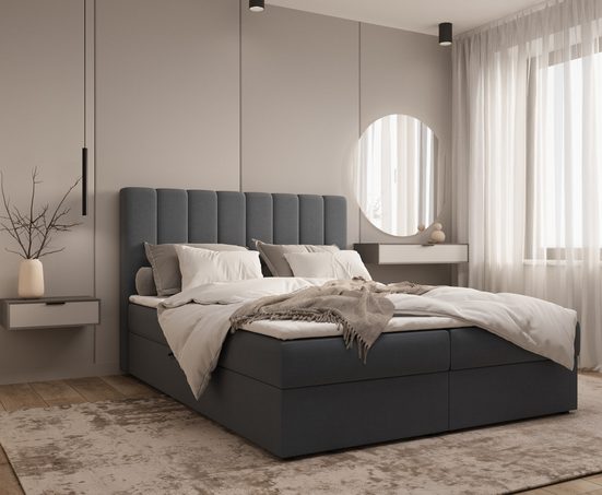 MOEBLO Boxspringbett Bett 01 (Bonell-Matratze und Topper, Doppelbett gepolstertes Kopfteil - Einrichtungsbeispiel