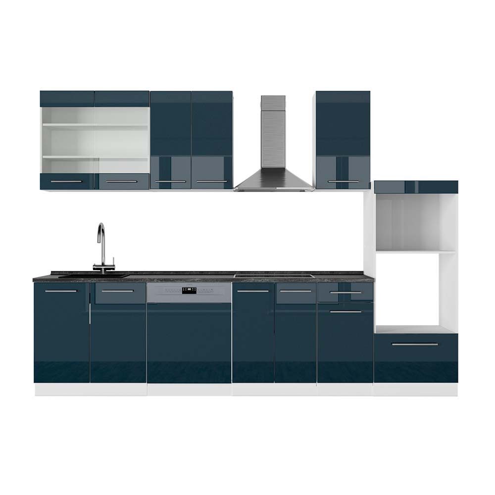 Vicco Küchenzeile Fame-Line, Dunkelblau Hochglanz/Weiß, 300 cm mit Hochschrank, AP A...