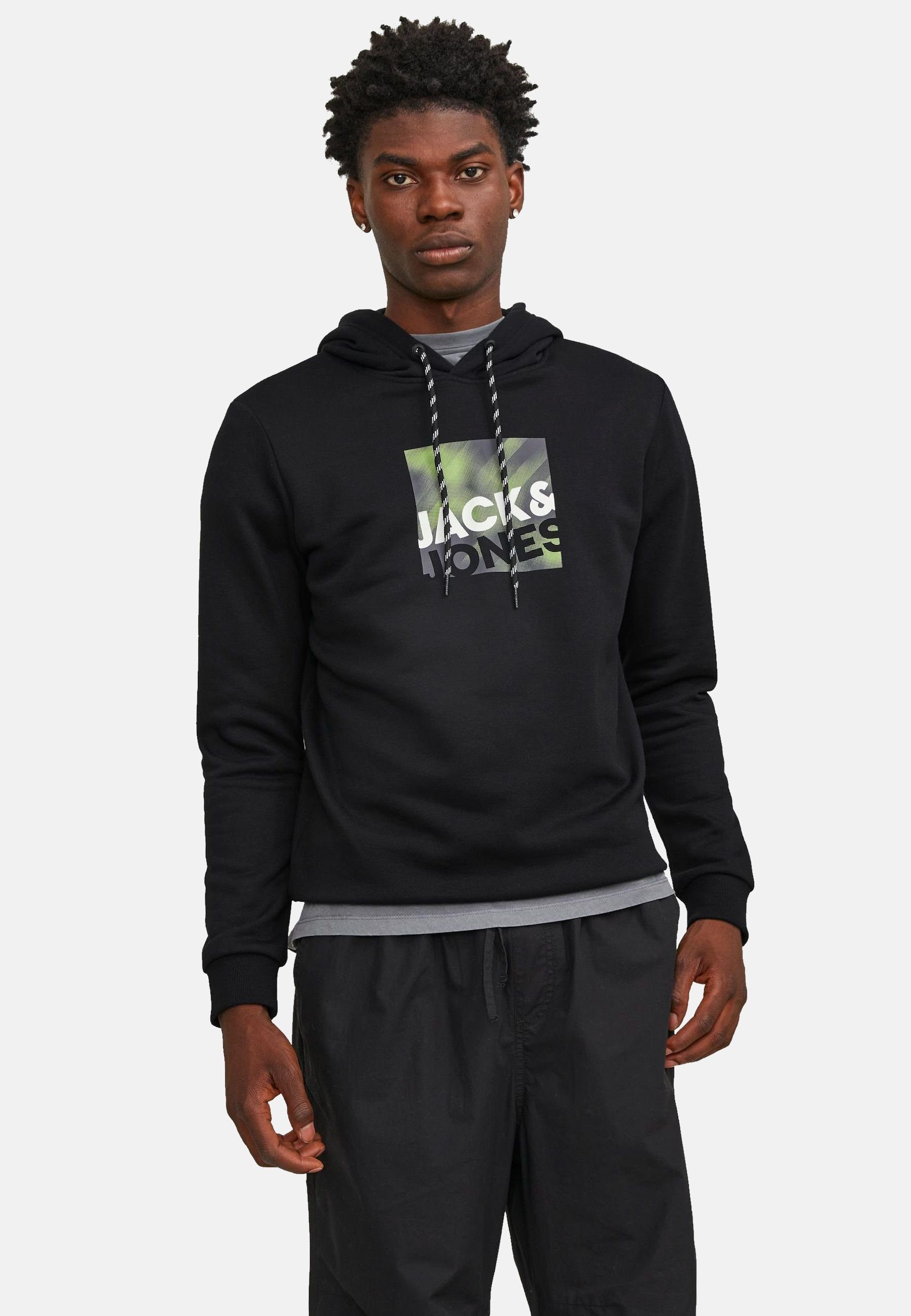 Kapuzensweatshirt schwarz Jack mit Jones & Hoodie Hoodie Frontprint (1-tlg) Logan
