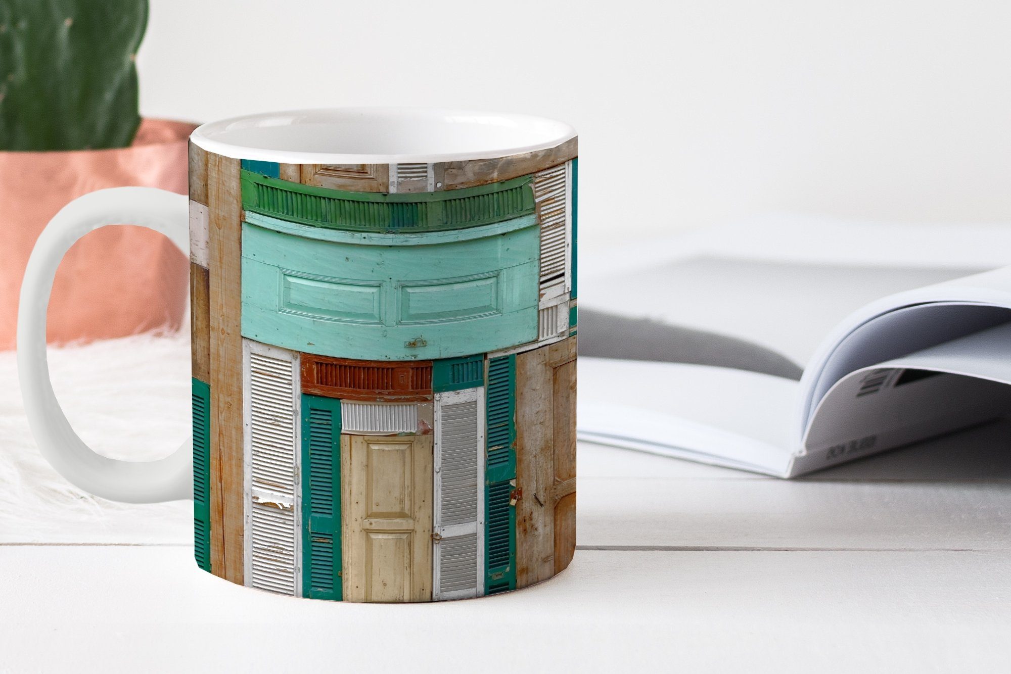 - Architektur Grün Antiquitäten, - Geschenk - Becher, Keramik, Tasse Kaffeetassen, - Teetasse, Türen Braun Teetasse, MuchoWow