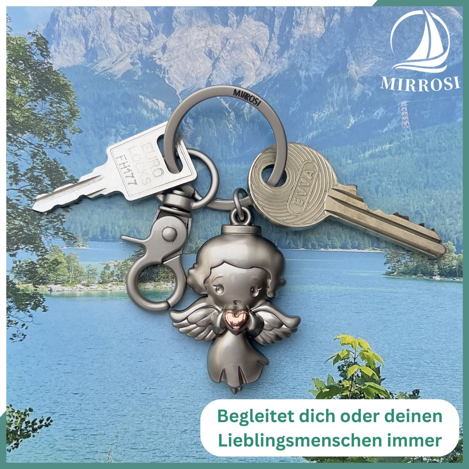MIRROSI Engel aus Metall), (Glückbringer Silber mit Herzchen Karabinerhaken mit Schutzengel Schlüsselanhänger "Elsa" praktischem