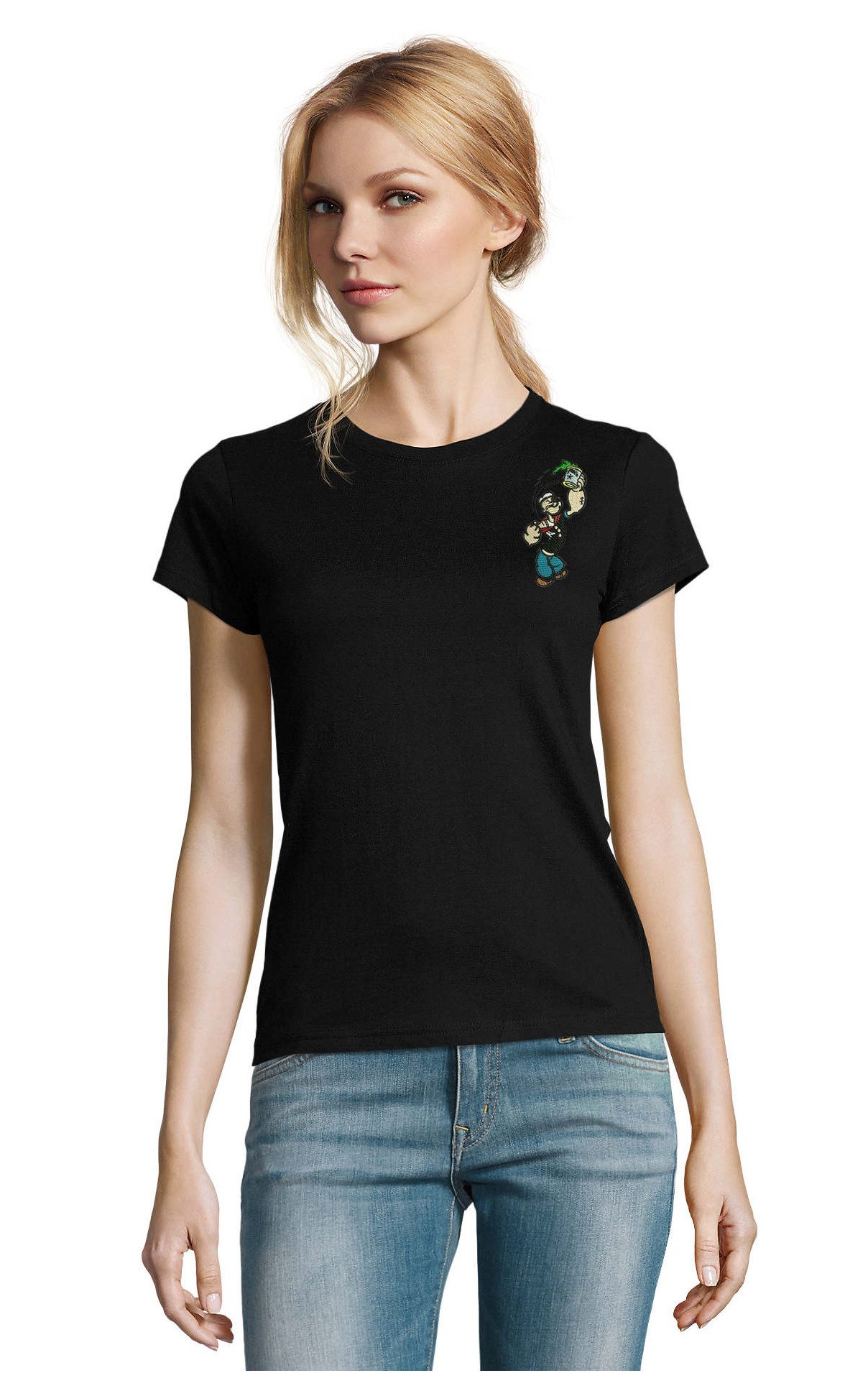 Blondie & Brownie T-Shirt Damen T-Shirt mit Popeye-Patch Kurzarm Baumwolle Rundhals Popeye Damen-Shirt mit Comic-Stickerei