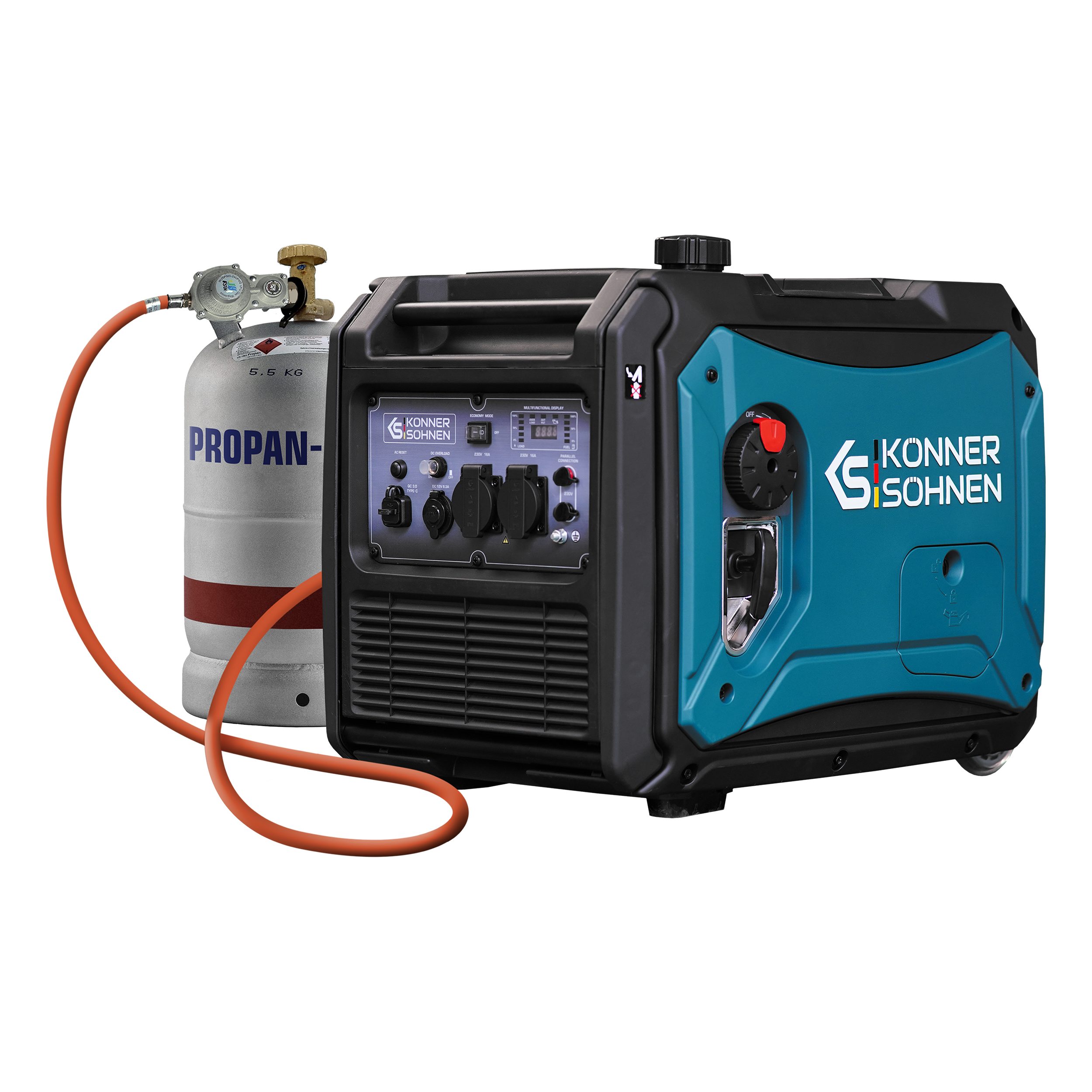 Könner & Söhnen Stromerzeuger KS 4000iEG S, (Dual Fuel Inverter Generator, 1-tlg., 4.4 kW Höchstleistung, 230V Sinus, Benzin/LPG & E-Start), ATS-Anschluss, Hybrid Benzin/Gas, 66 dB, 13L Tank