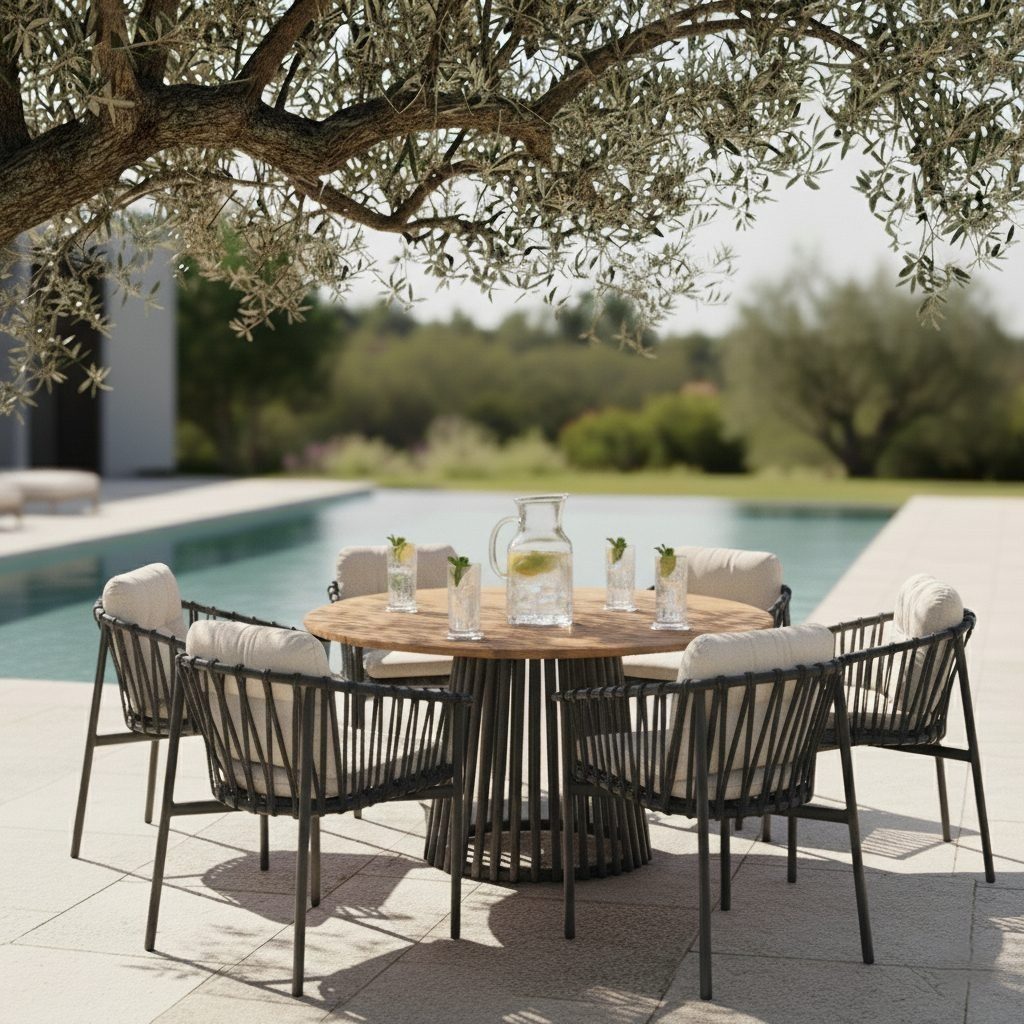 CASA DOMA Gartentisch Loreto, Ø 140 cm, Tischplatte Teakholz, Aluminium anthrazit