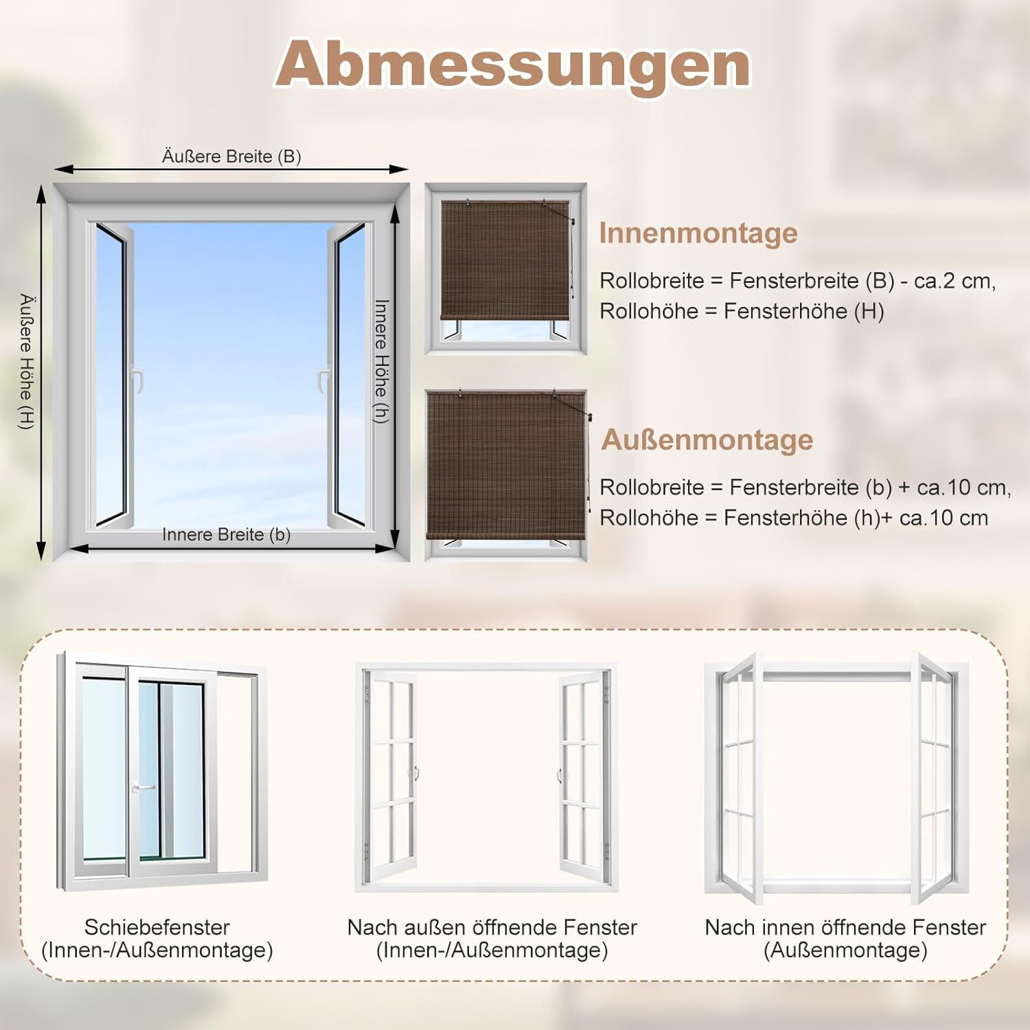 Rollo, Woltu, blickdicht, Mit Bohren, Bambusrollo Sonnenschutz Seitenzugrollo, für Fenster Tür Terrasse
