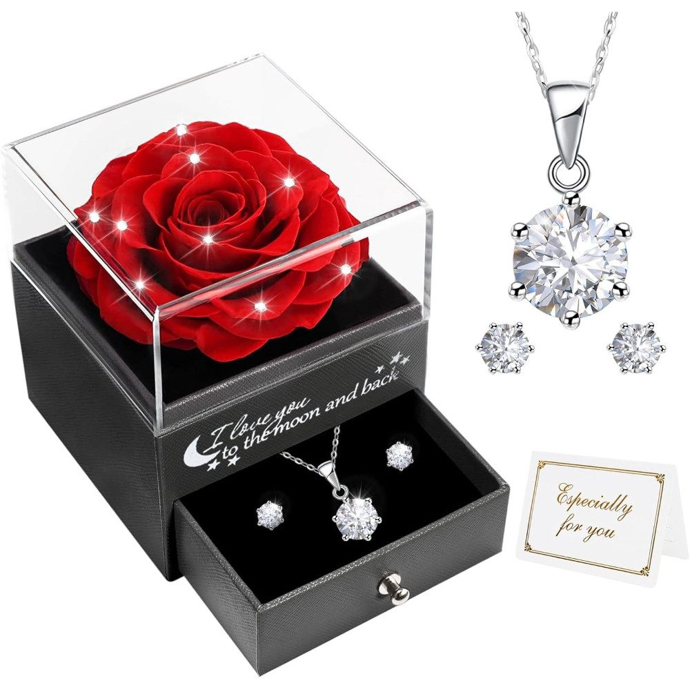 Miofula Adventskalender Ewige RoseGeschenk für damen mit Halskette Ohrringe 925 Sterlingsilber (Wonderful Geschenke, 1-tlg), Kette Geschenke für Mama Oma Freundin Geschenk Valentinstag