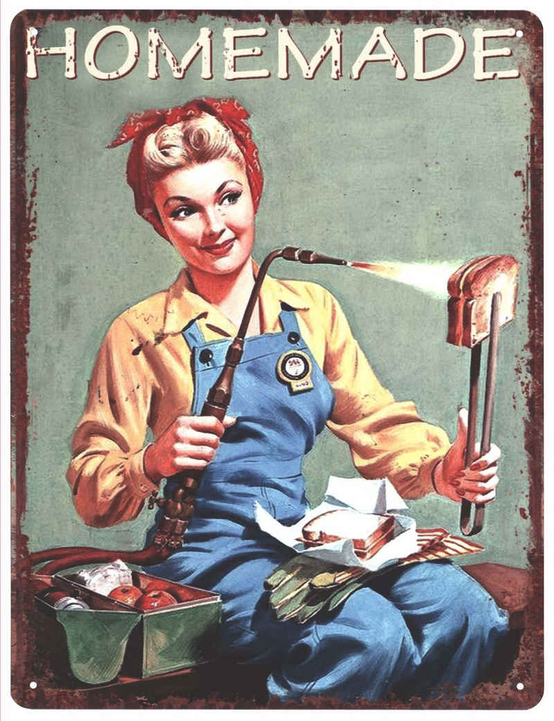 Moritz Metallschild »Blechschild Homemade Frau im Blaumann«, (Einzeln), 25 x 33cm Vintage Retro Deko Schild Metallschild Wandbild Wanddeko Schild Deko Spruch