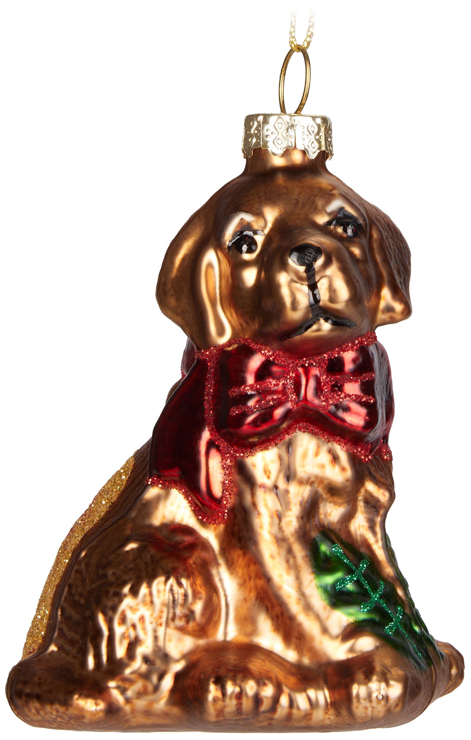 BRUBAKER Christbaumschmuck Labrador - Golden Retriever mit Schleife (1-tlg), Handbemalte Weihnachtskugel Hund aus Glas - Mundgeblasener Christbaumschmuck Goldhund Moderne Deko Anhänger Lustige Baumkugel - 9,1 cm