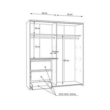 FORTE Schwebetürenschrank WINN, 2-türig, B 170 x H 201 x T 61 cm, Artisan Eiche Dekor, Concrete Dark Dekor, 2 Türen, 3 Schubladen