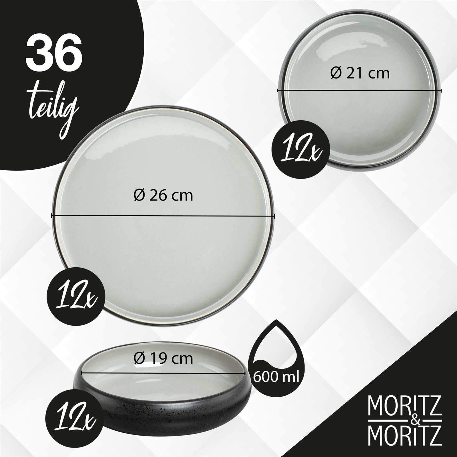 Moritz & Moritz Tafelservice SOLID UNI Geschirrset Grau (36-tlg), 12 Personen, Spülmaschinengeeignet