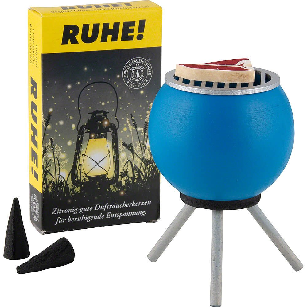 Seiffener Volkskunst Räuchermännchen Set Räucher-Grill mit Steaks, blau und eine Packung Räucherkerzen (10c