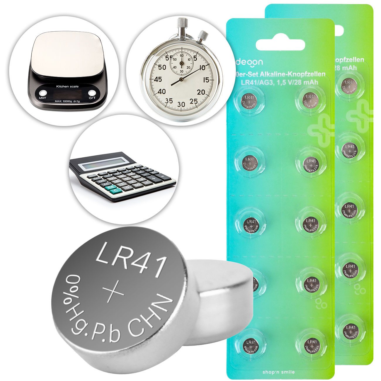 shop'n smile ideoon Alkaline Knopfzellen LR41 AG3 1,5V – Batterien für Uhren & Spielzeug Knopfzelle, (20 St), Mindestens 3 Jahre haltbar