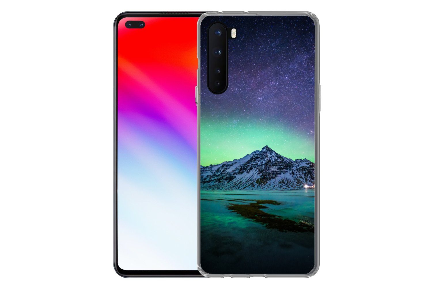 MuchoWow Handyhülle für OnePlus Nord Berg - Nordlichter - Schweden - Schnee - Grün - Winte, Phone Case, Silikon, Schutzhülle Dünn